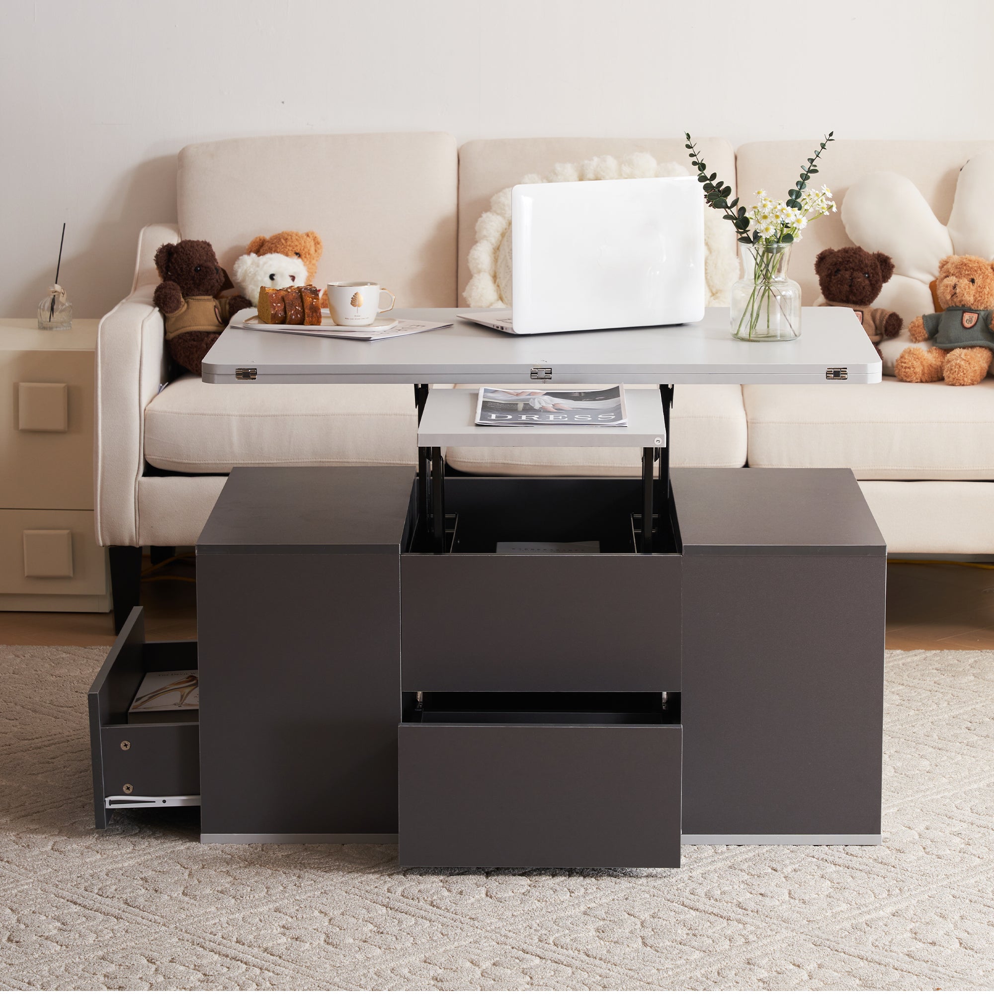 Logidon Hefbare Multifunctionele Salontafel Donkergrijs Met Twee Tafels