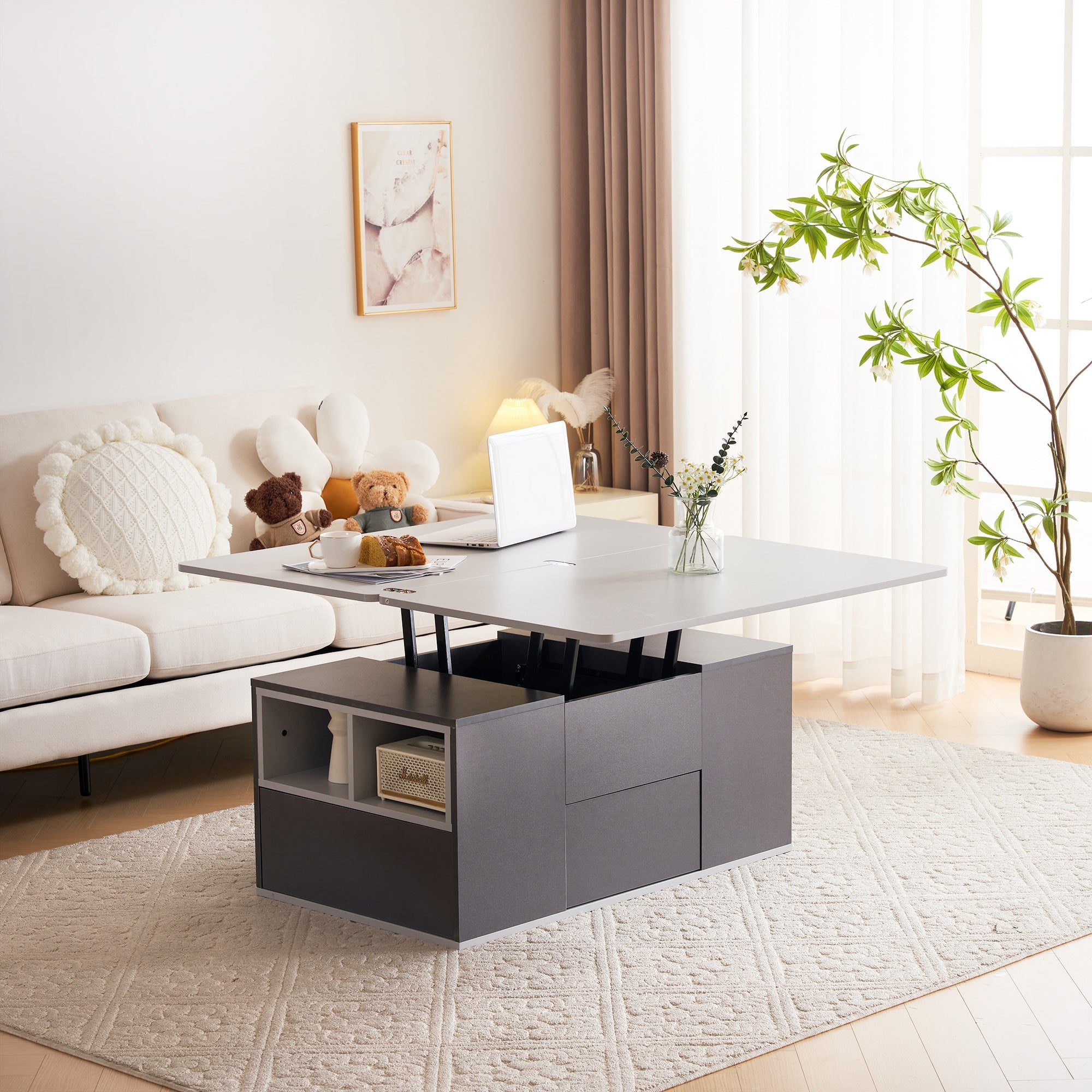 Logidon Hefbare Multifunctionele Salontafel Donkergrijs Met Twee Tafels