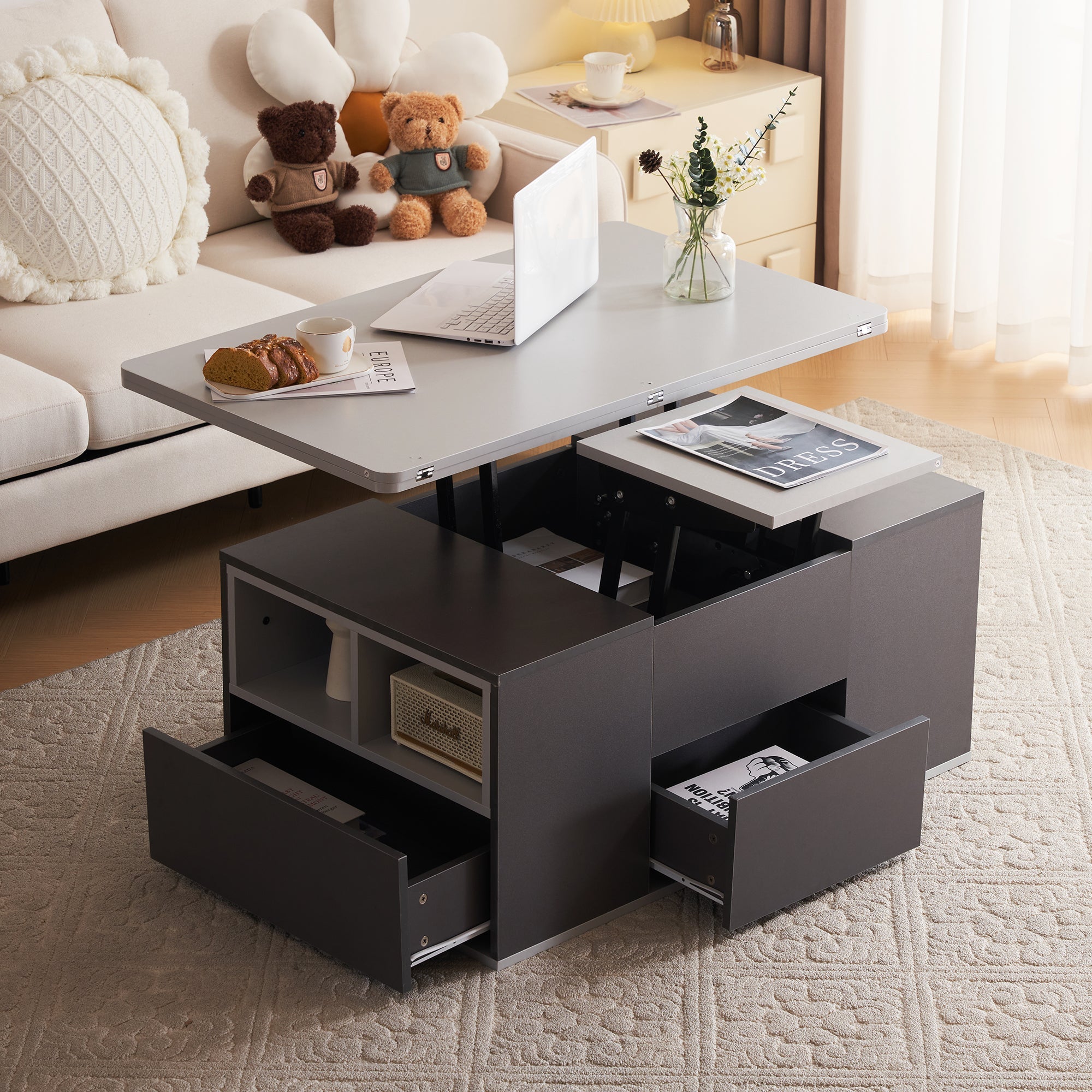 Logidon Hefbare Multifunctionele Salontafel Donkergrijs Met Twee Tafels