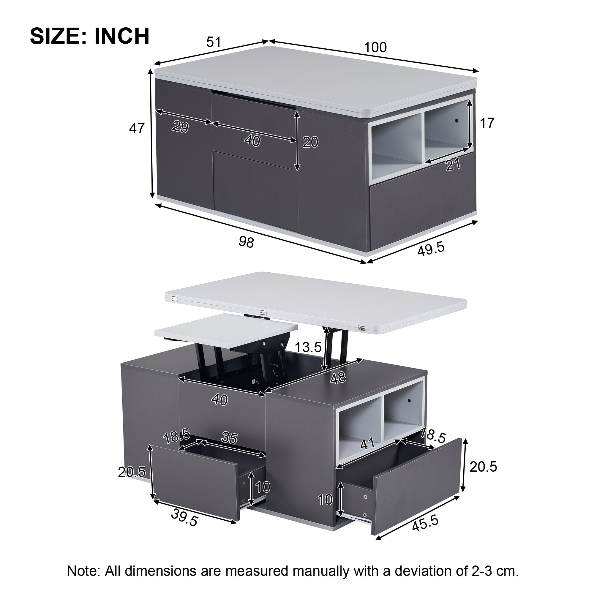 Logidon Hefbare Multifunctionele Salontafel Donkergrijs Met Twee Tafels