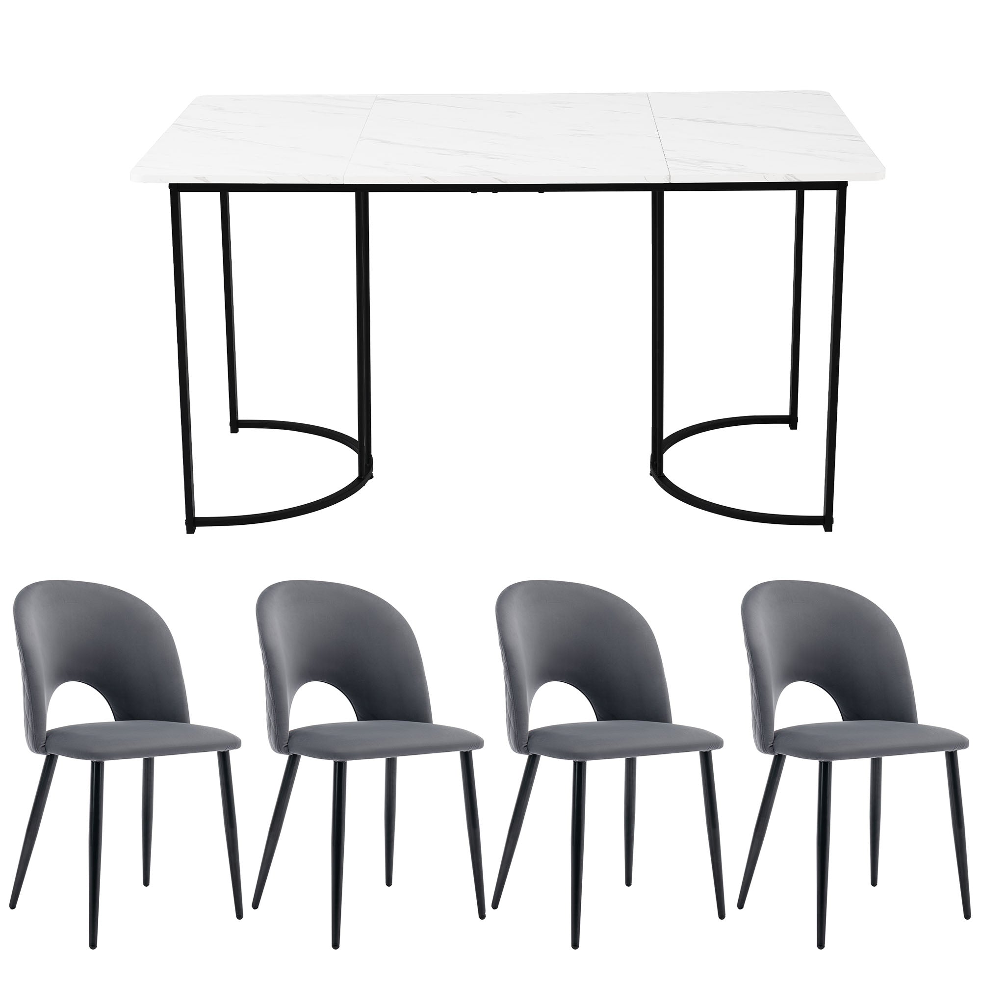 Logidon eetgroep fluweel grijs 4 stoelen tafel 140x80 cm wit zwart