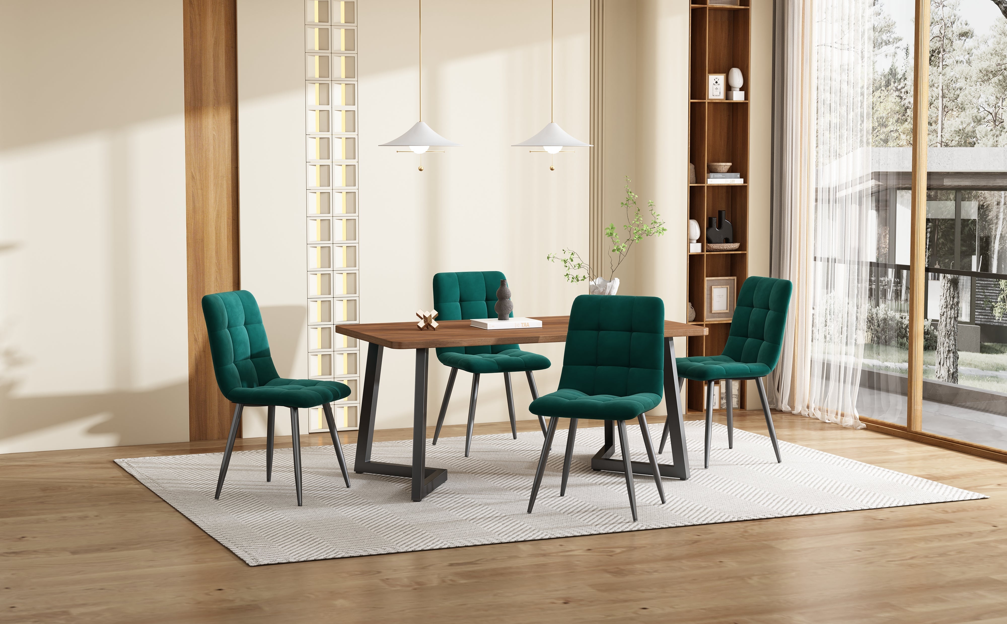 Logidon eethoek 5-delige walnoot MDF eettafel en donkergroene fluwelen stoelen