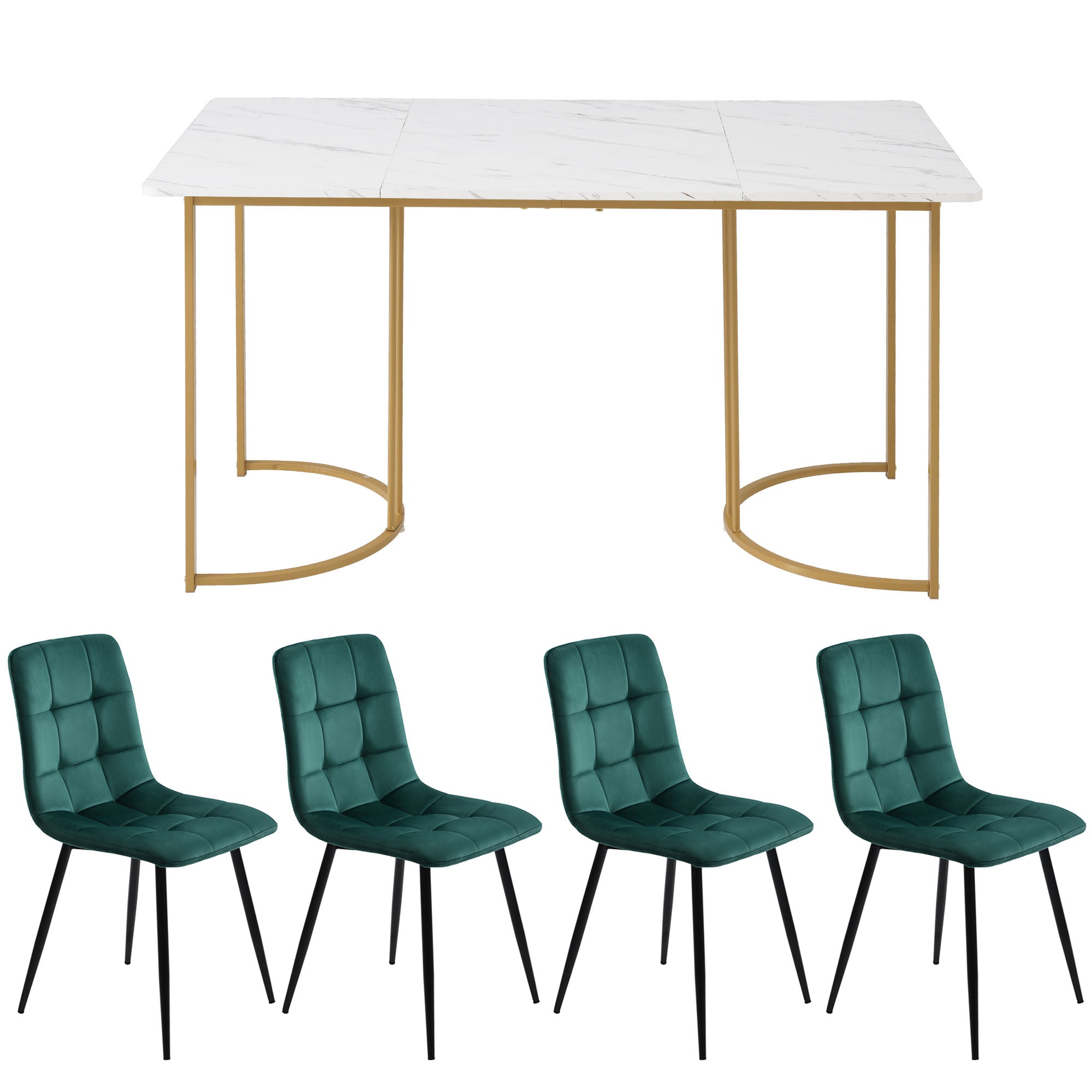 Logidon dining group 5-piece white dining table 140x80 dark green velvet chairs