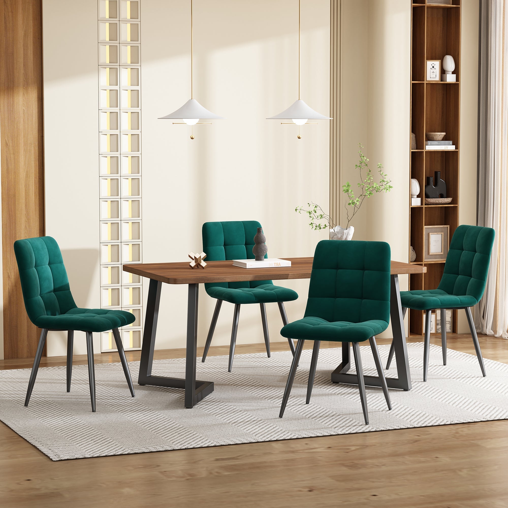 Logidon eethoek 5-delige walnoot MDF eettafel en donkergroene fluwelen stoelen
