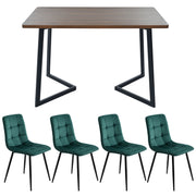 Logidon eethoek 5-delige walnoot MDF eettafel en donkergroene fluwelen stoelen