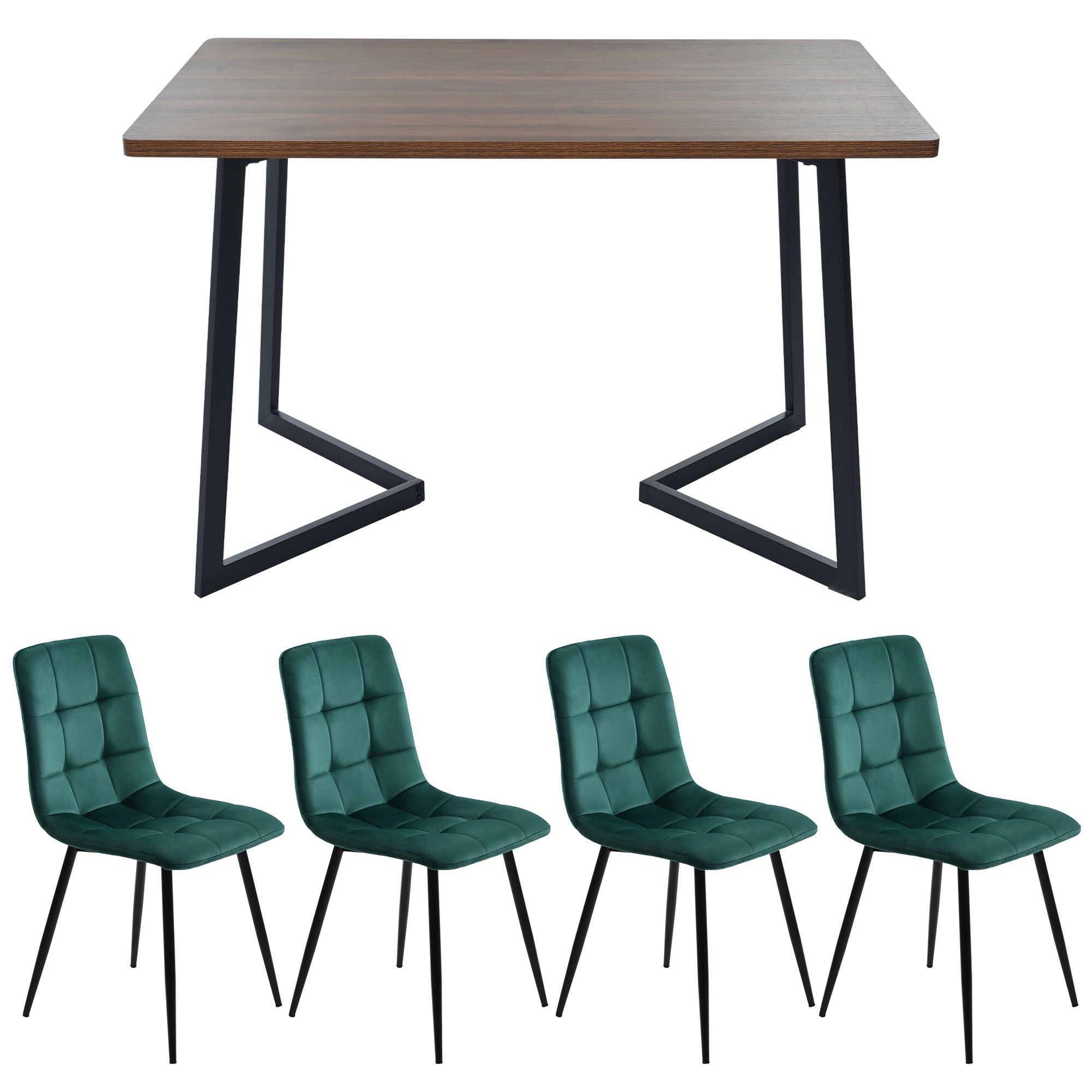 Logidon eethoek 5-delige walnoot MDF eettafel en donkergroene fluwelen stoelen