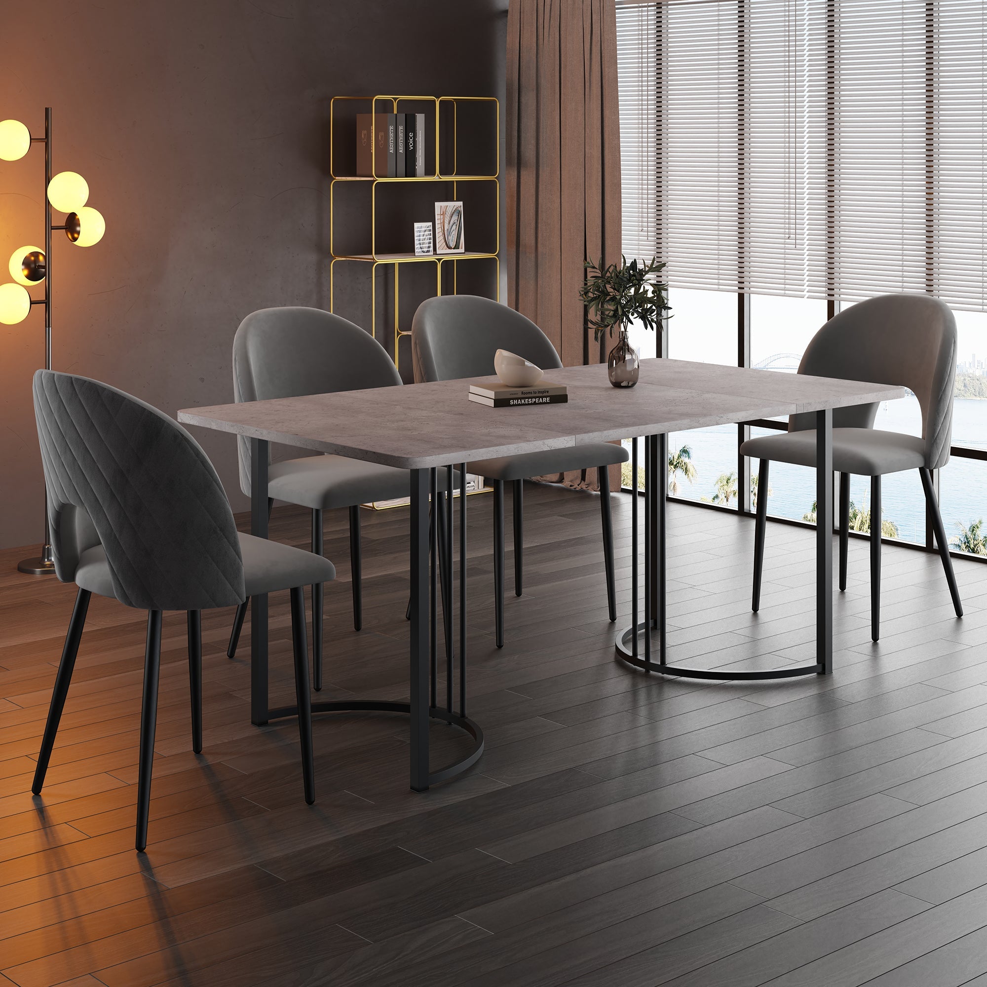 Logidon Eetkamerset 140x80 cm met 4 stoelen grijs fluweel ruitpatroon