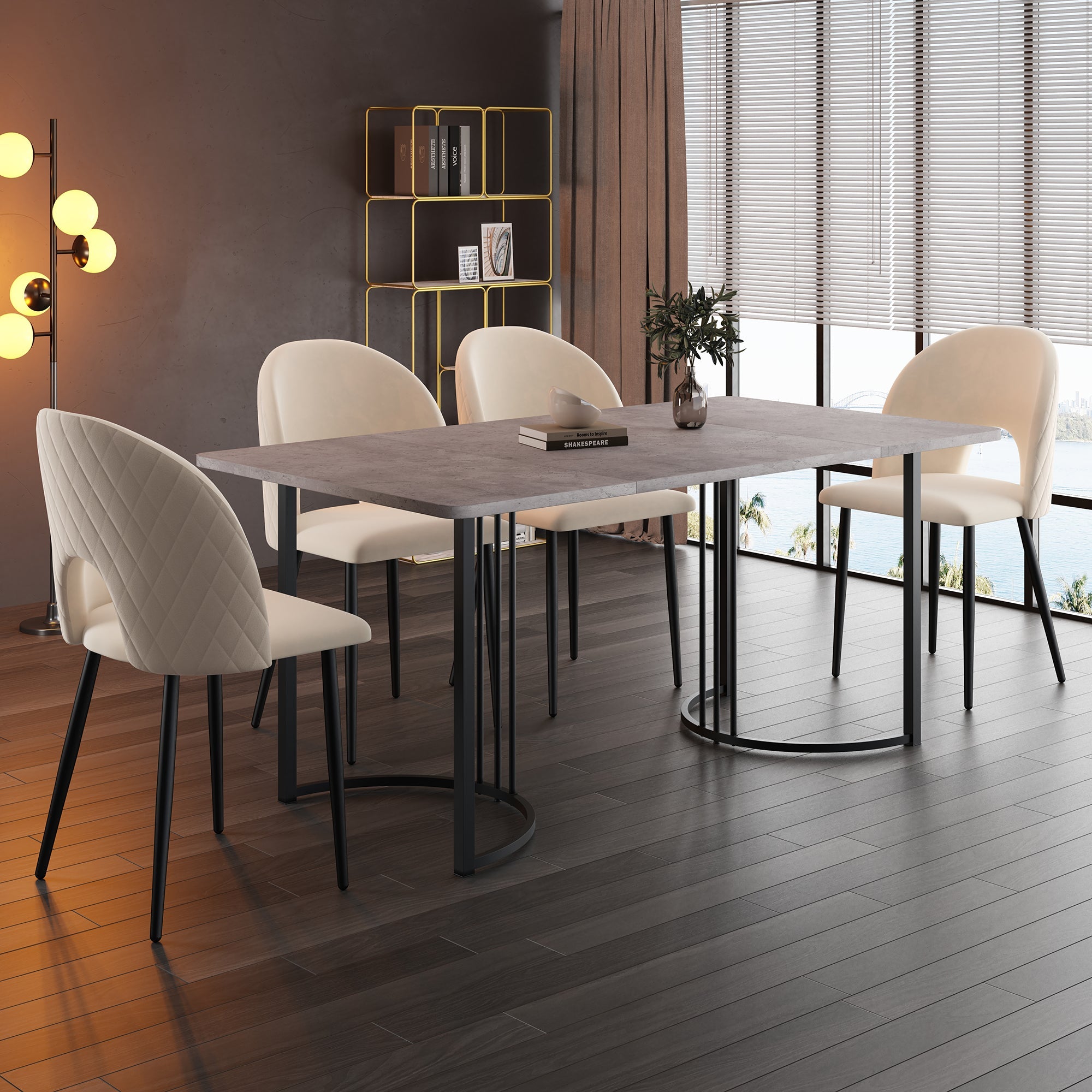 Logidon Eettafelset 140x80cm Eettafelset met 4 stoelen Beige fluweel ruitpatroon