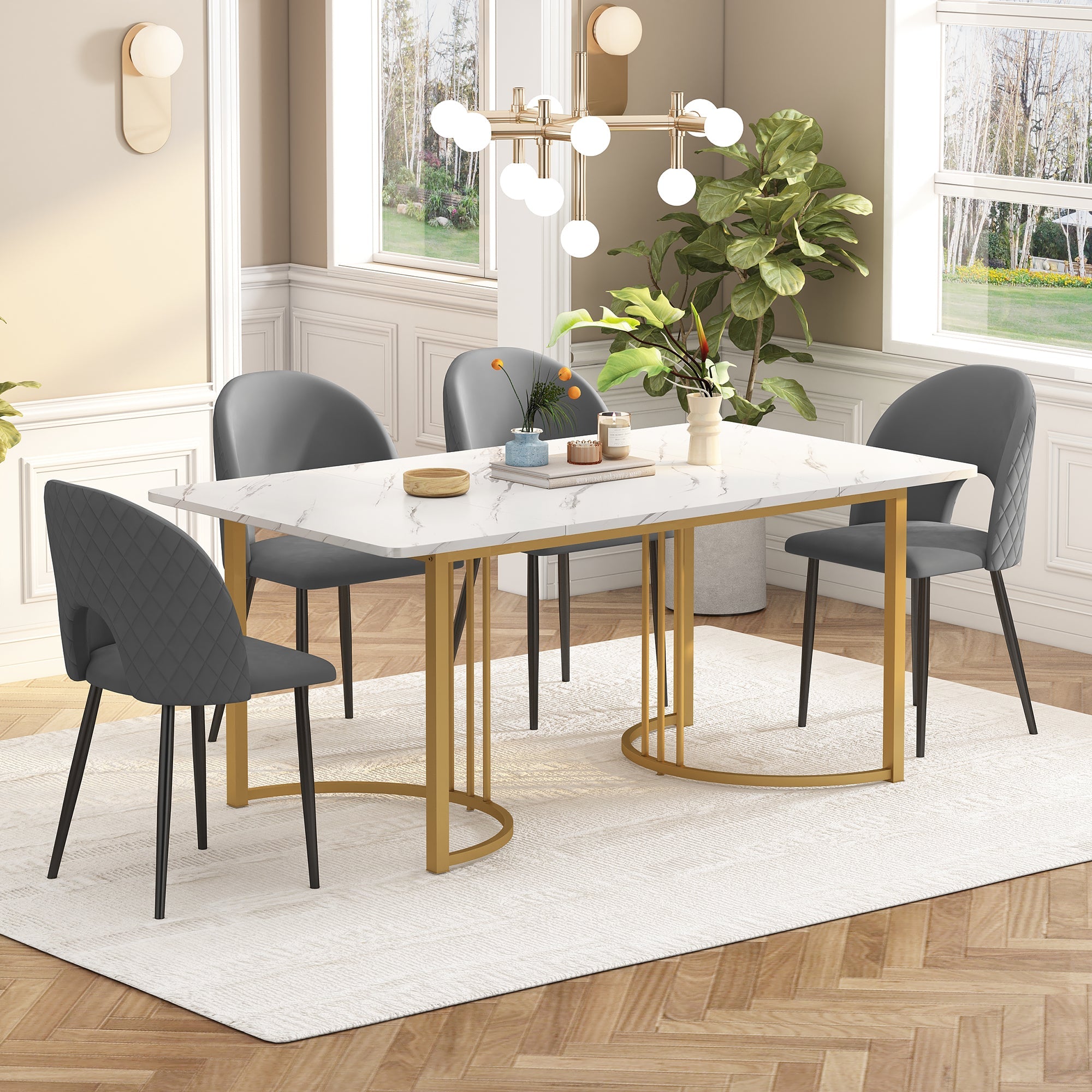 Logidon eetgroep 140x80cm eettafelset 4 stoelen grijs fluweel