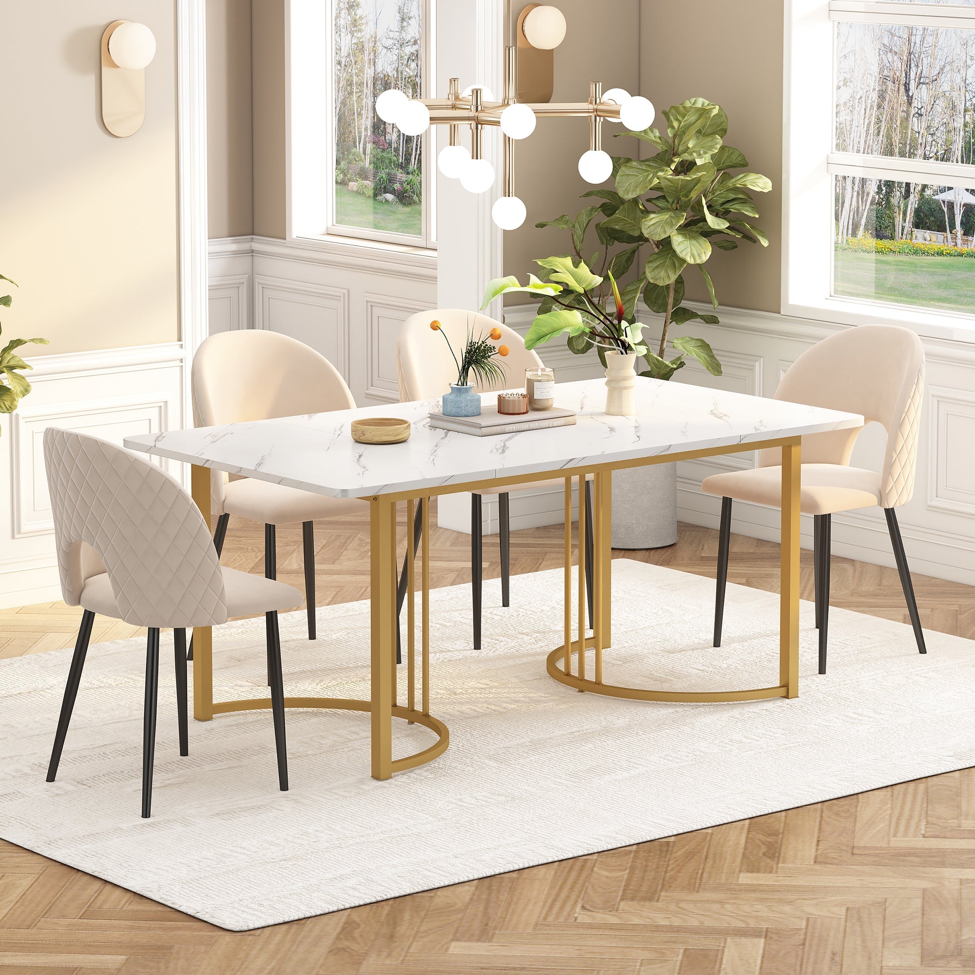 Logidon dining table set 140x80 velvet chairs beige diamond pattern