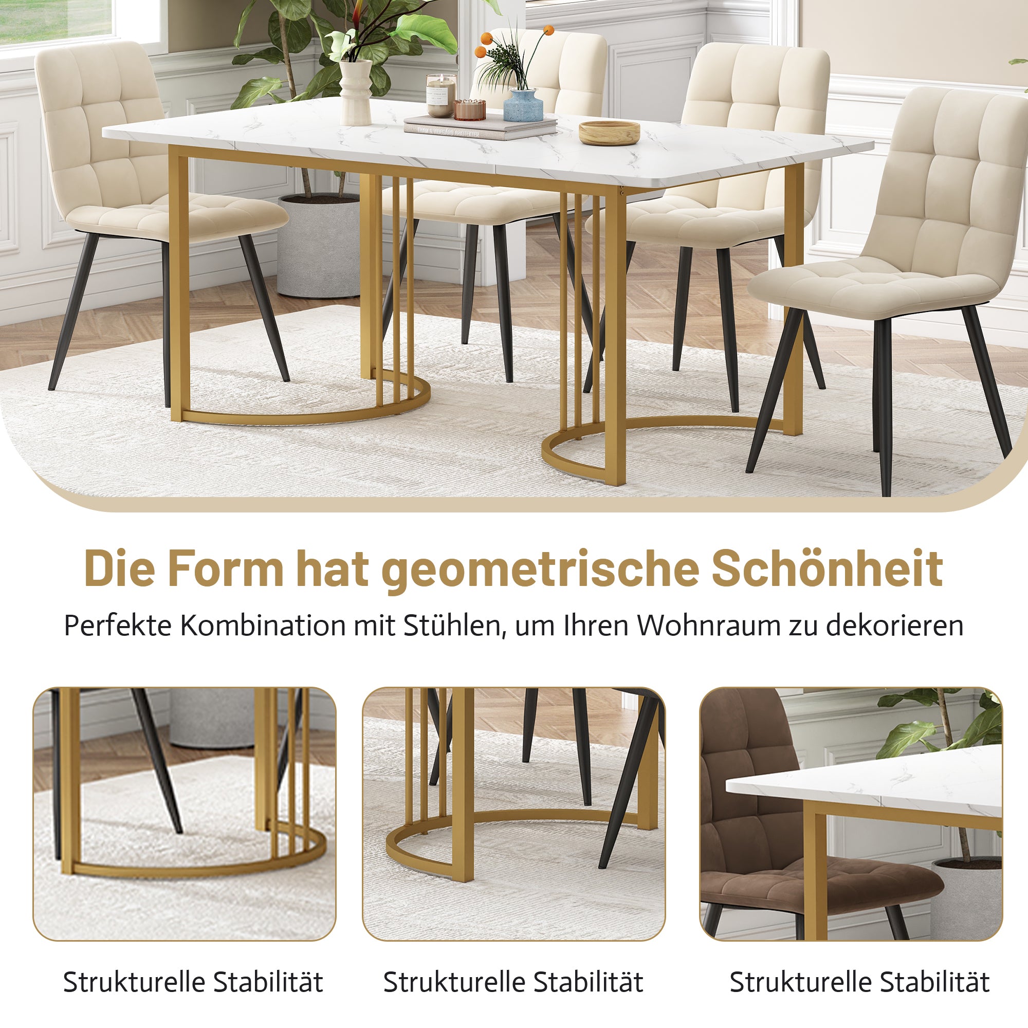 Logidon eettafel 140 x 80 cm wit marmerpatroon gouden metalen poten