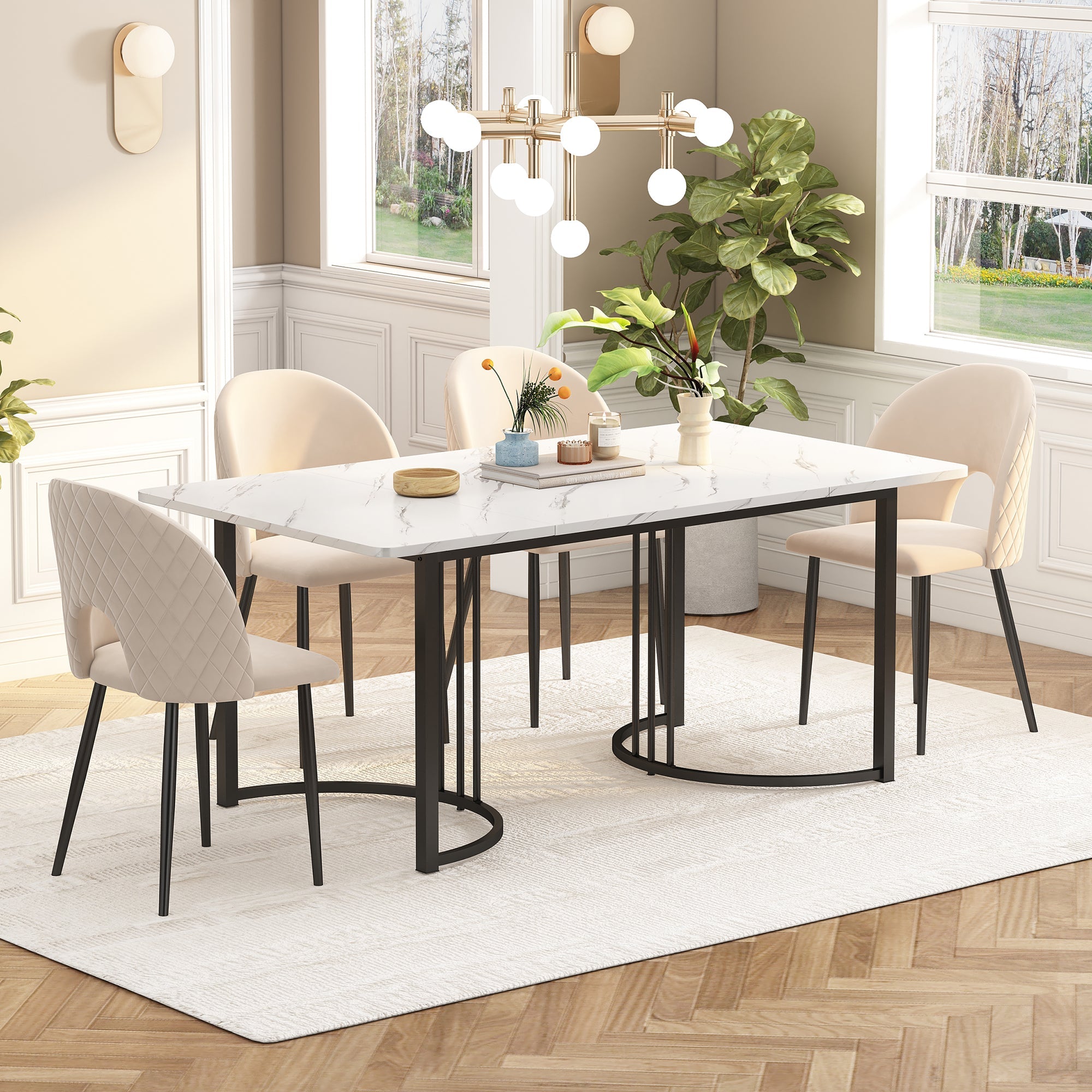 Logidon eetgroep 140x80 eettafelset beige fluwelen stoelen ruitpatroon