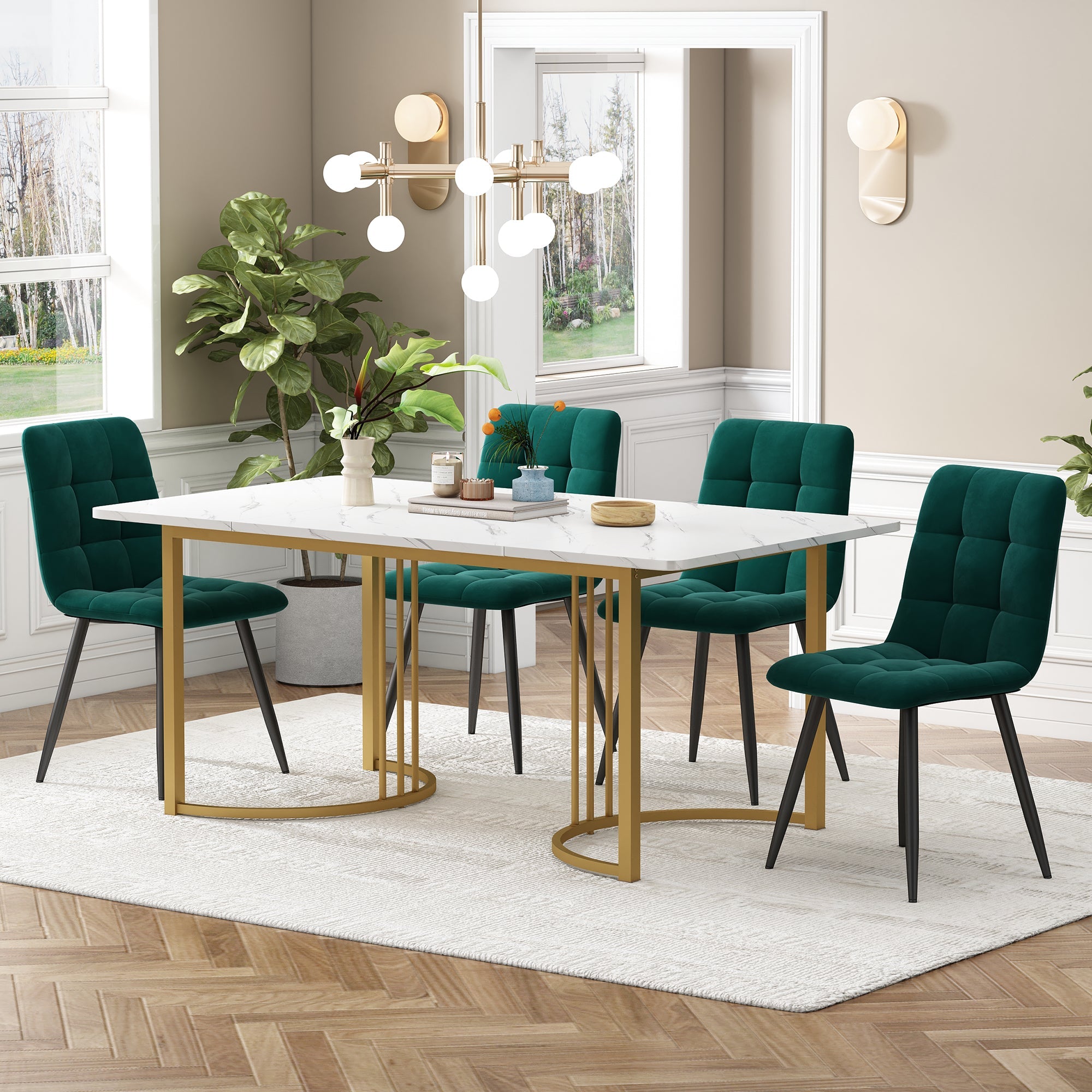 Logidon dining group 5-piece white dining table 140x80 dark green velvet chairs