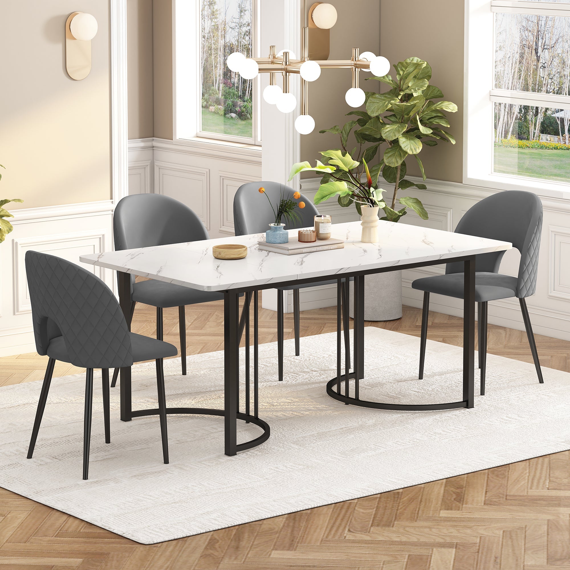 Logidon eetgroep fluweel grijs 4 stoelen tafel 140x80 cm wit zwart