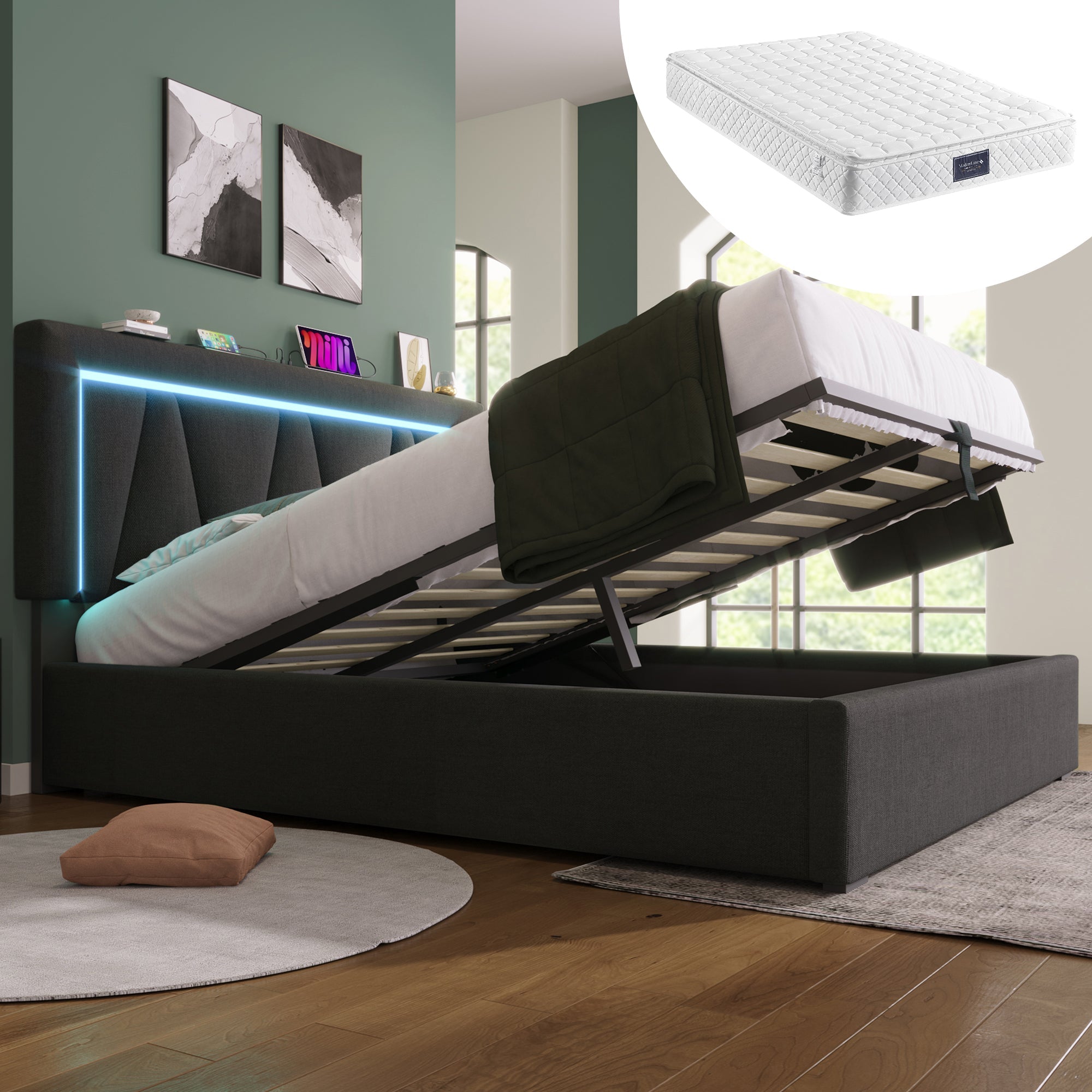 Logidon gestoffeerd bed LED tweepersoonsbed 160x200 grijs USB-C oplaadfunctie