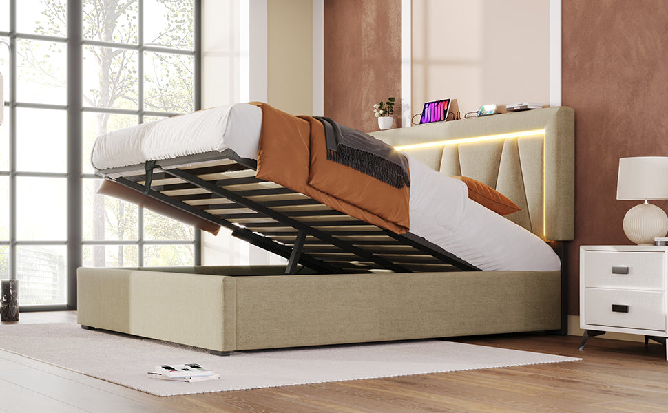 Logidon gestoffeerd bed LED-verlichting USB type C 140x200 beige
