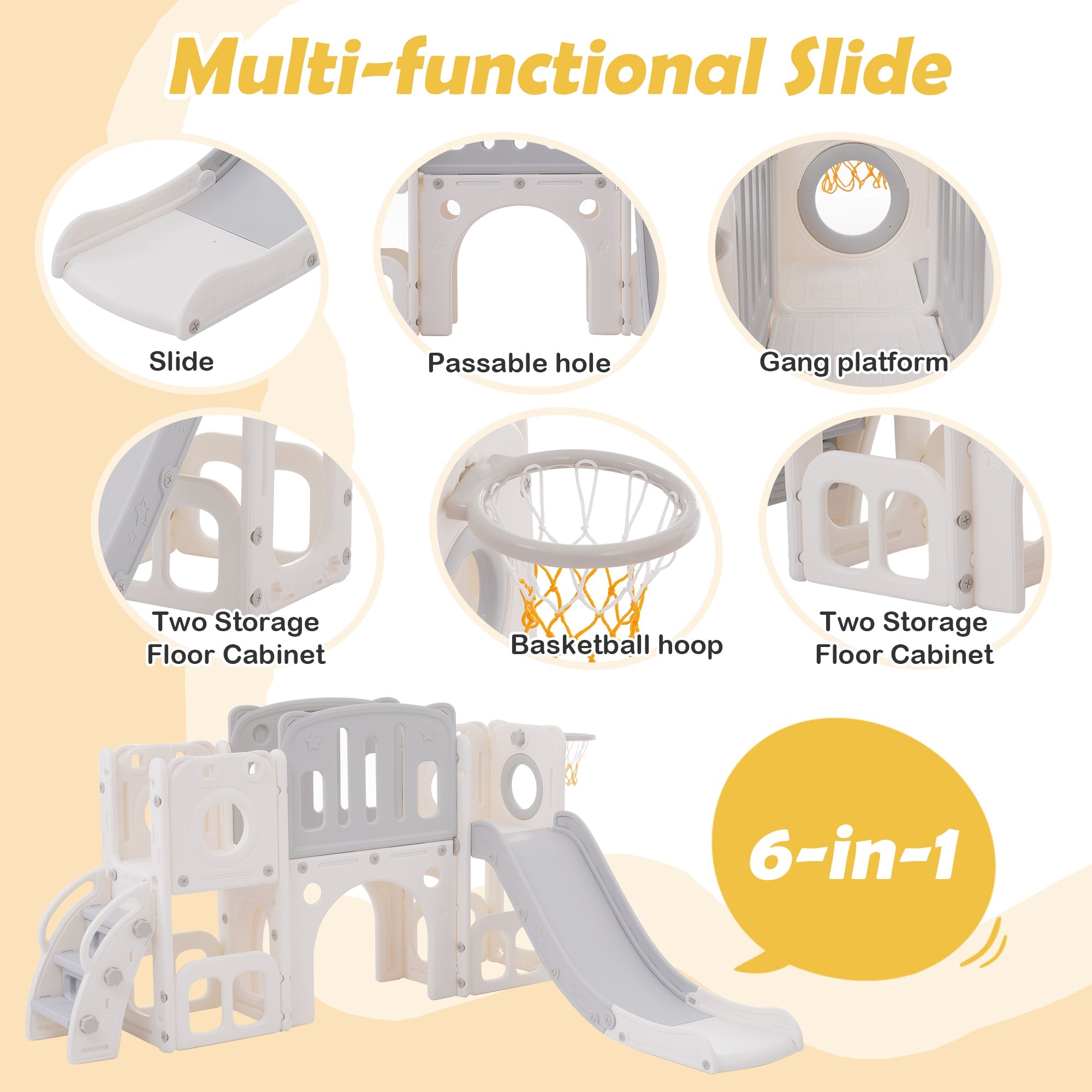 Logidon 6 in 1 Speelset Kinderglijbaan met basketbalplatforms Grijs Wit