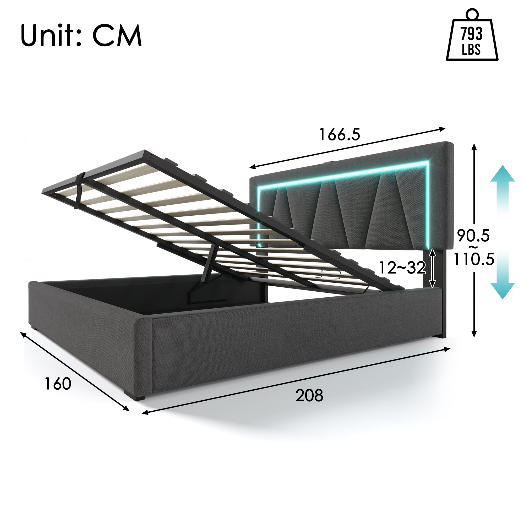 Logidon gestoffeerd bed LED tweepersoonsbed 160x200 grijs USB-C oplaadfunctie