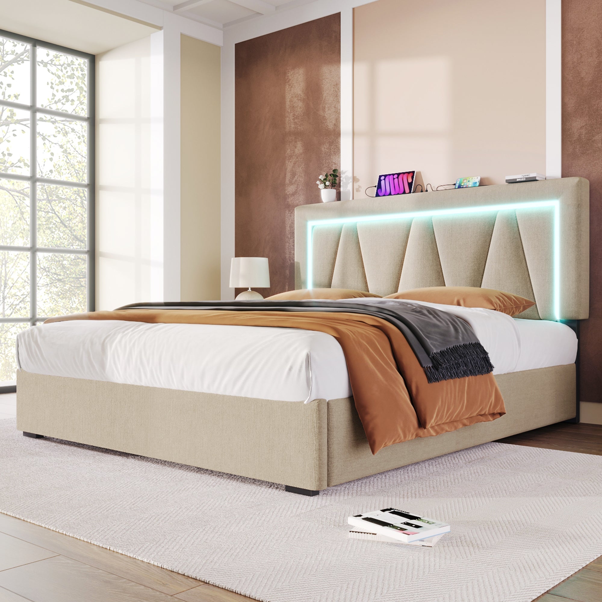 Logidon gestoffeerd bed 140x200 beige met LED-verlichting en USB Type C