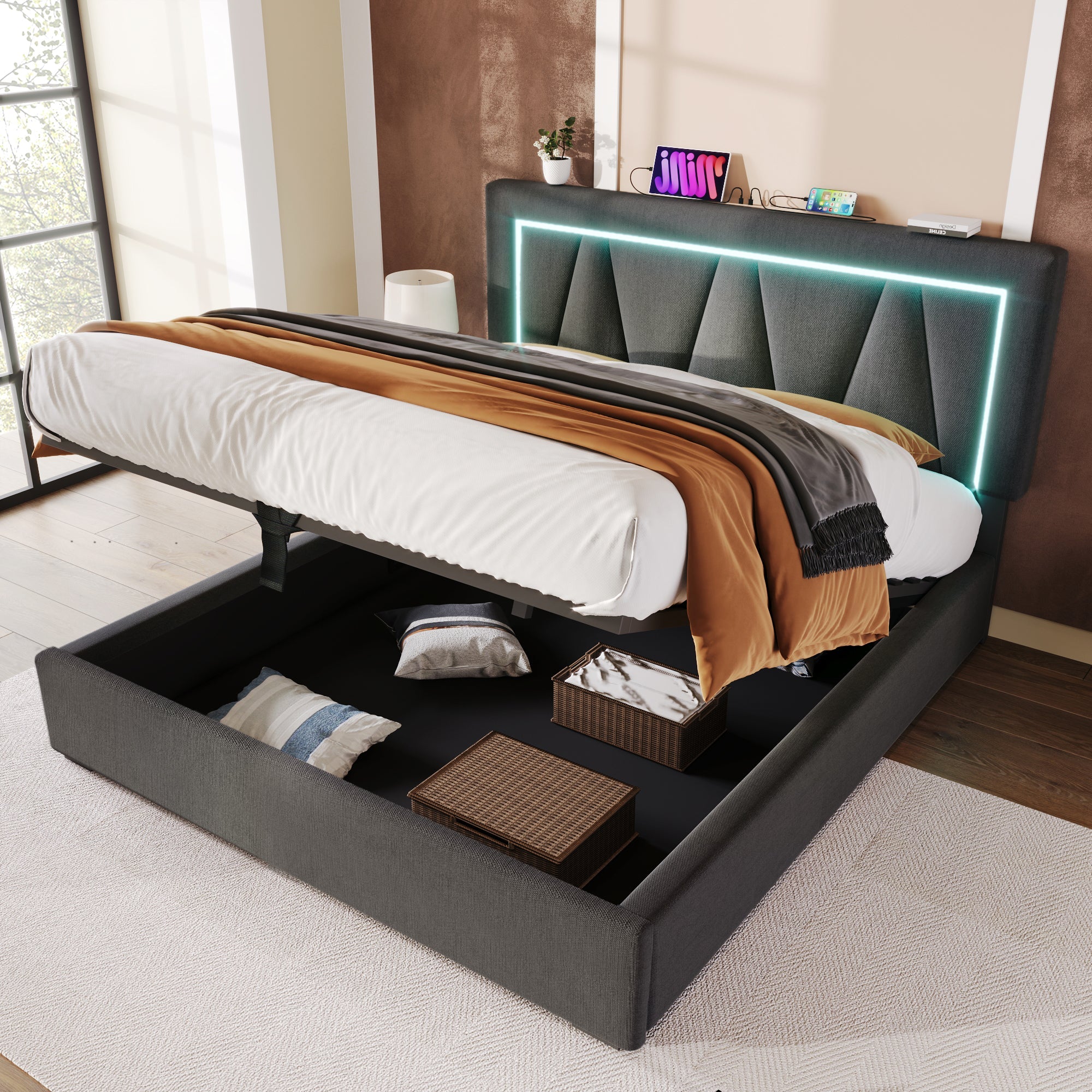 Logidon gestoffeerd bed 160x200 LED-verlichting USB C oplaadfunctie