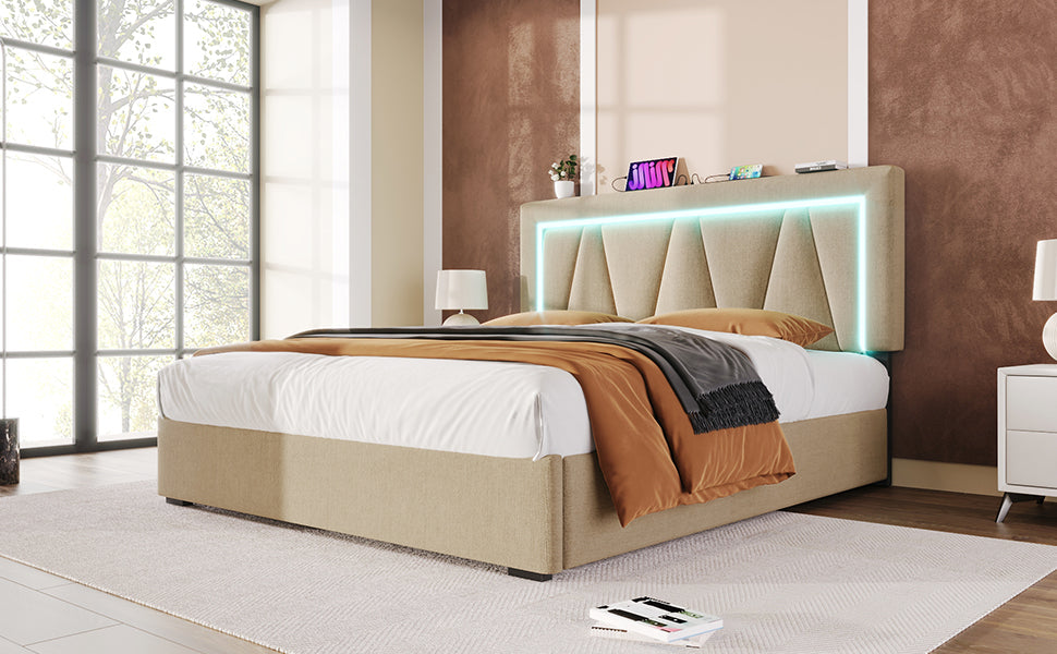 Logidon gestoffeerd bed LED tweepersoonsbed met USB Type C oplaadfunctie 160x200
