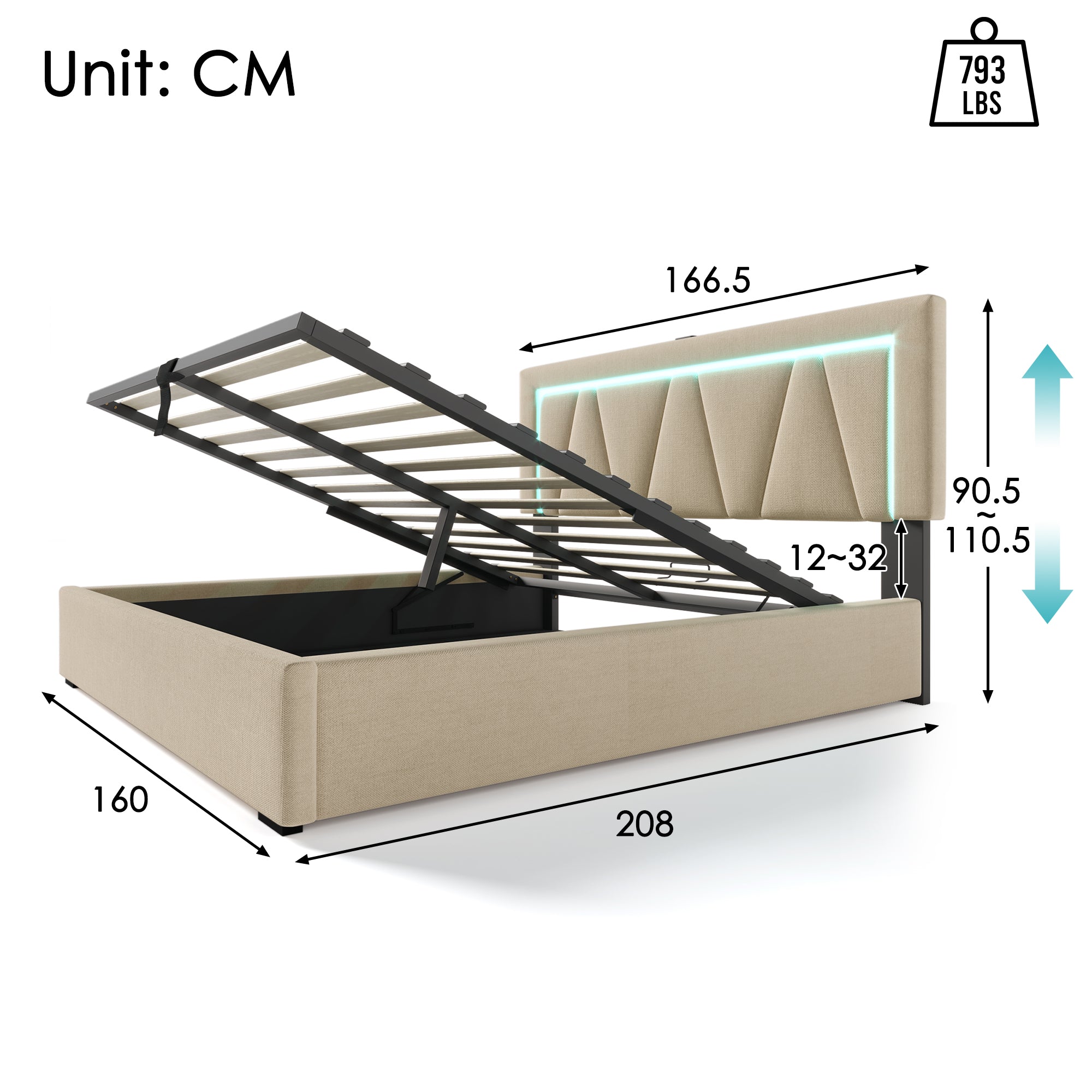 Logidon LED bed 160x200 beige linnen opbergruimte met USB C oplaadfunctie