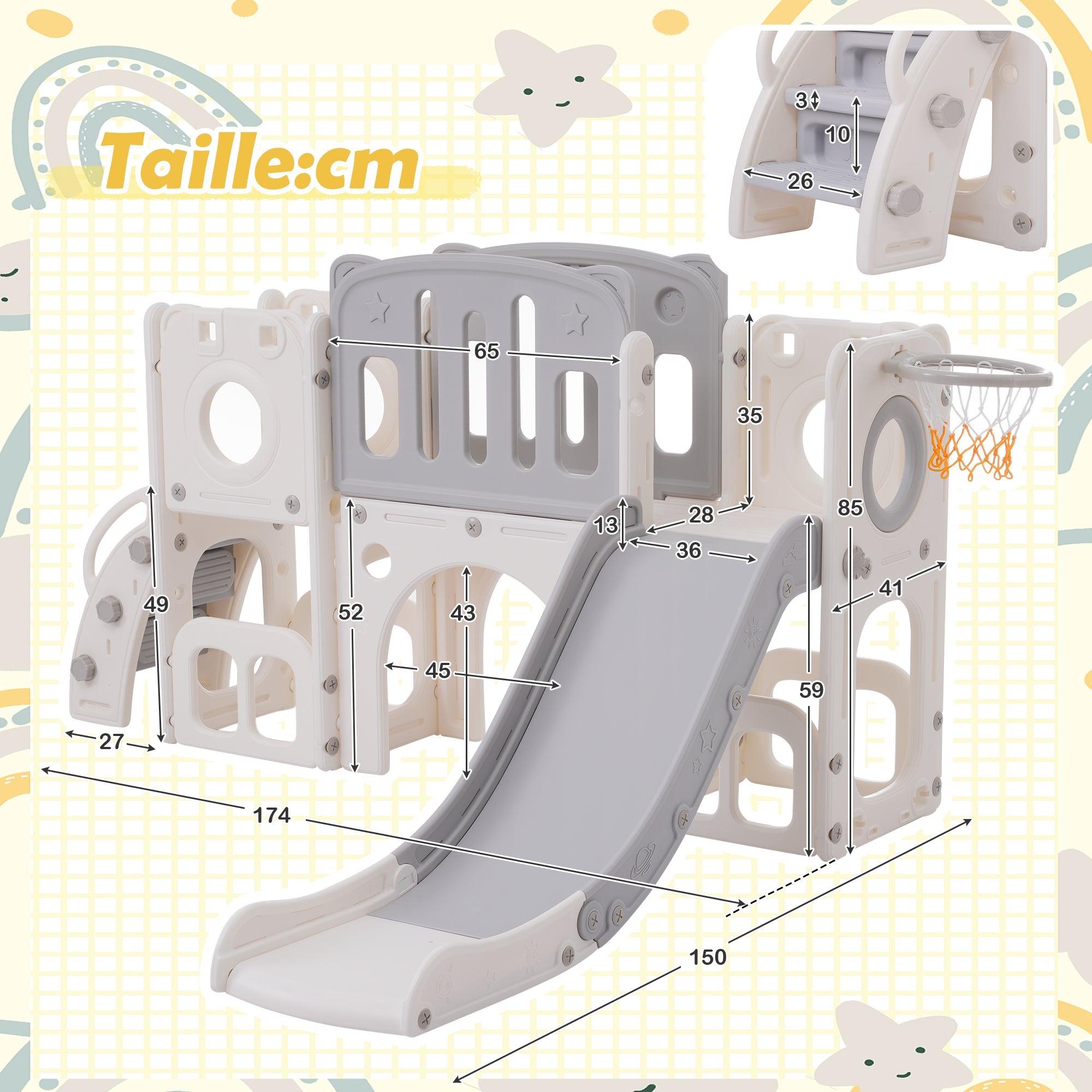 Logidon 6 in 1 Speelset Kinderglijbaan met basketbalplatforms Grijs Wit