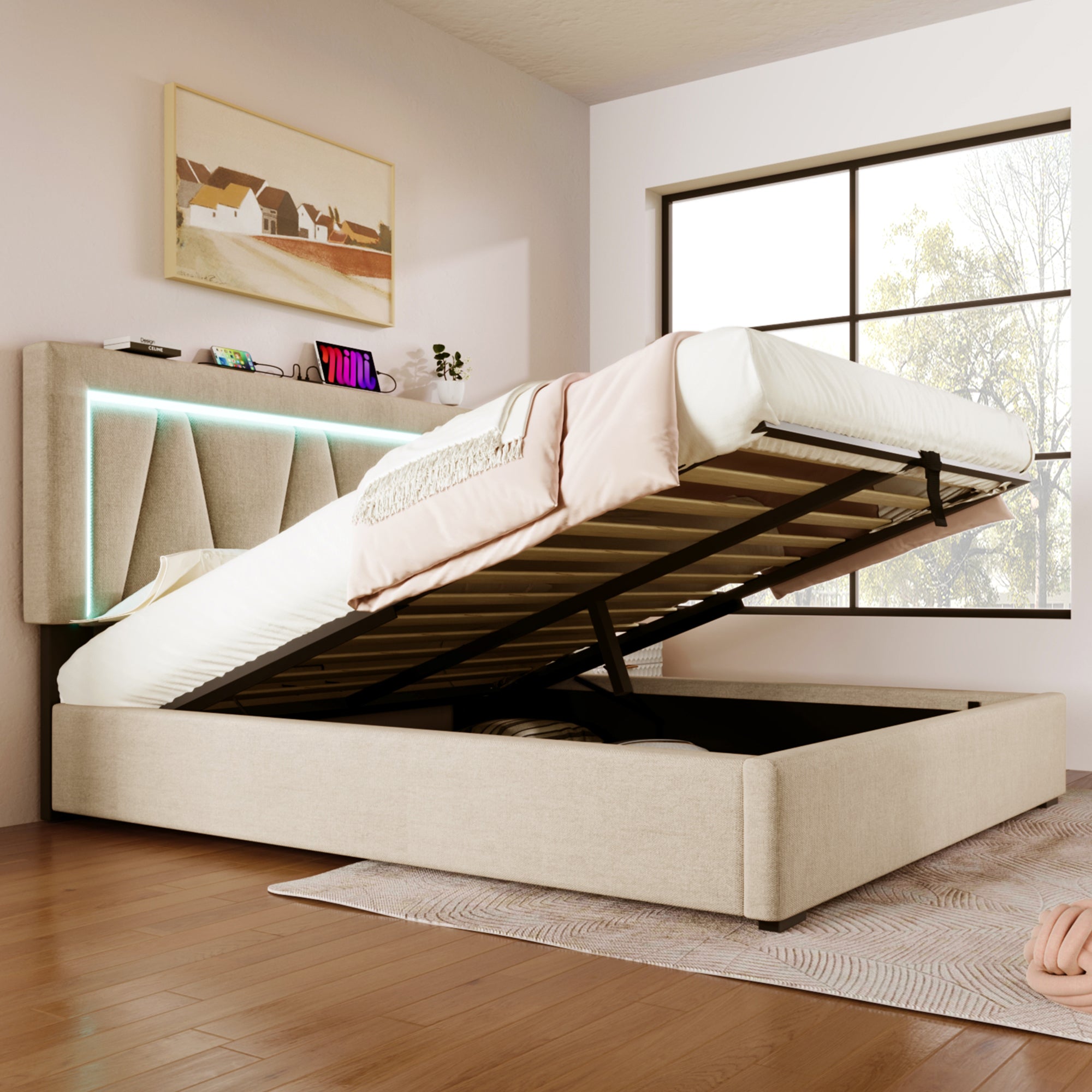 Logidon LED bed 160x200 beige linnen opbergruimte met USB C oplaadfunctie