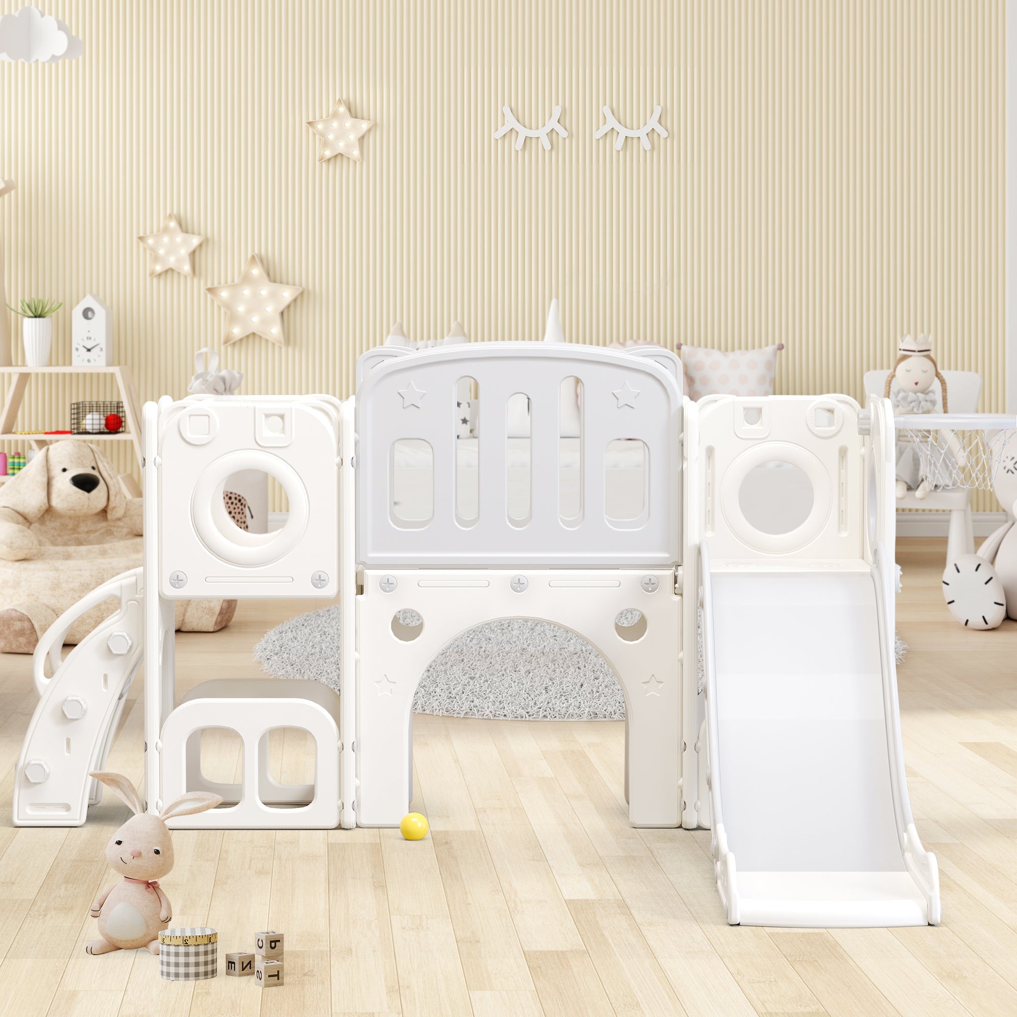 Logidon 6 in 1 Speelset Kinderglijbaan met basketbalplatforms Grijs Wit