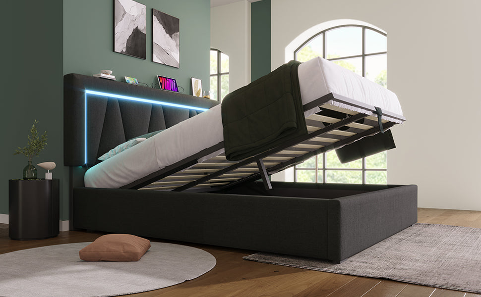 Logidon gestoffeerd bed LED tweepersoonsbed 160x200 grijs USB-C oplaadfunctie