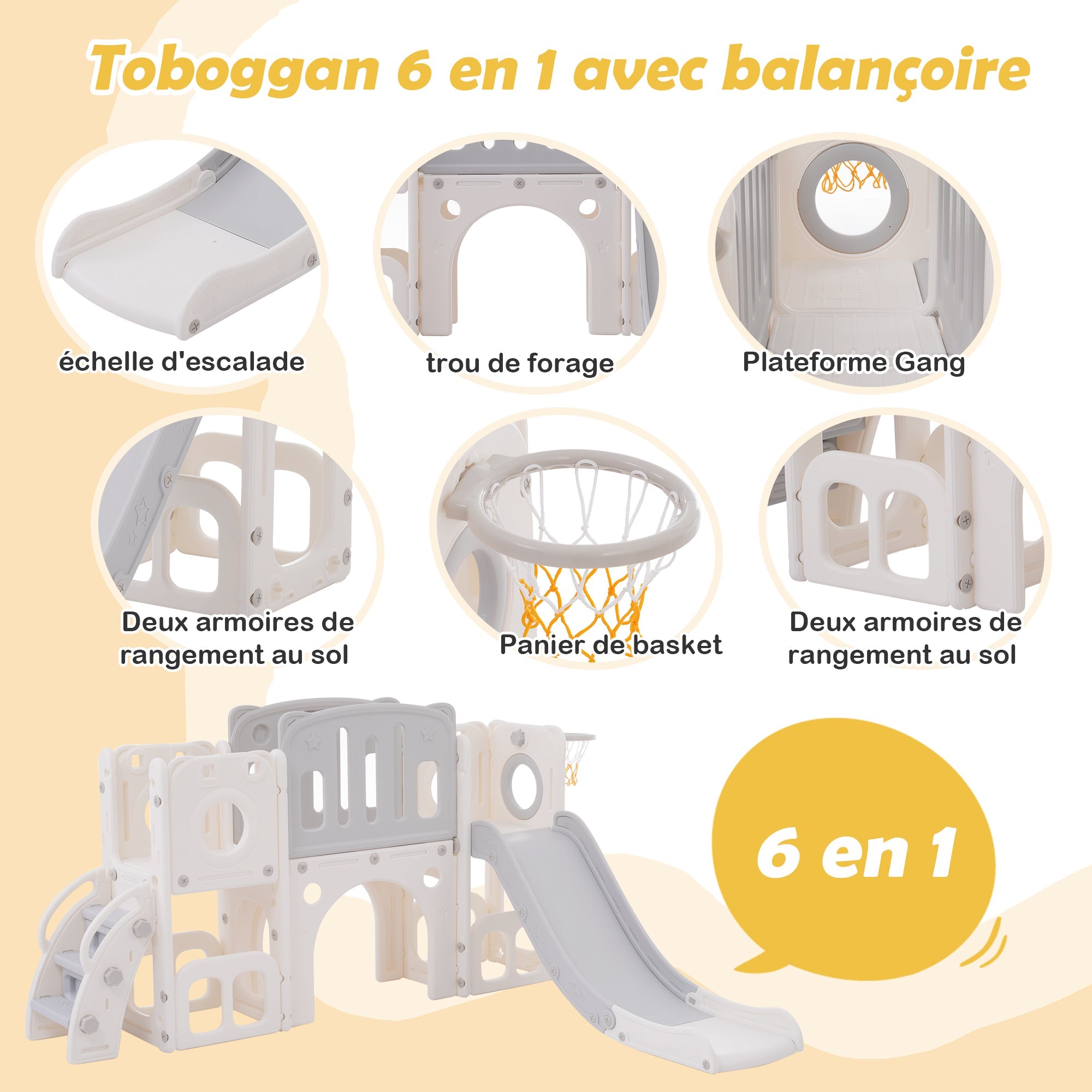 Logidon 6 in 1 Speelset Kinderglijbaan met basketbalplatforms Grijs Wit