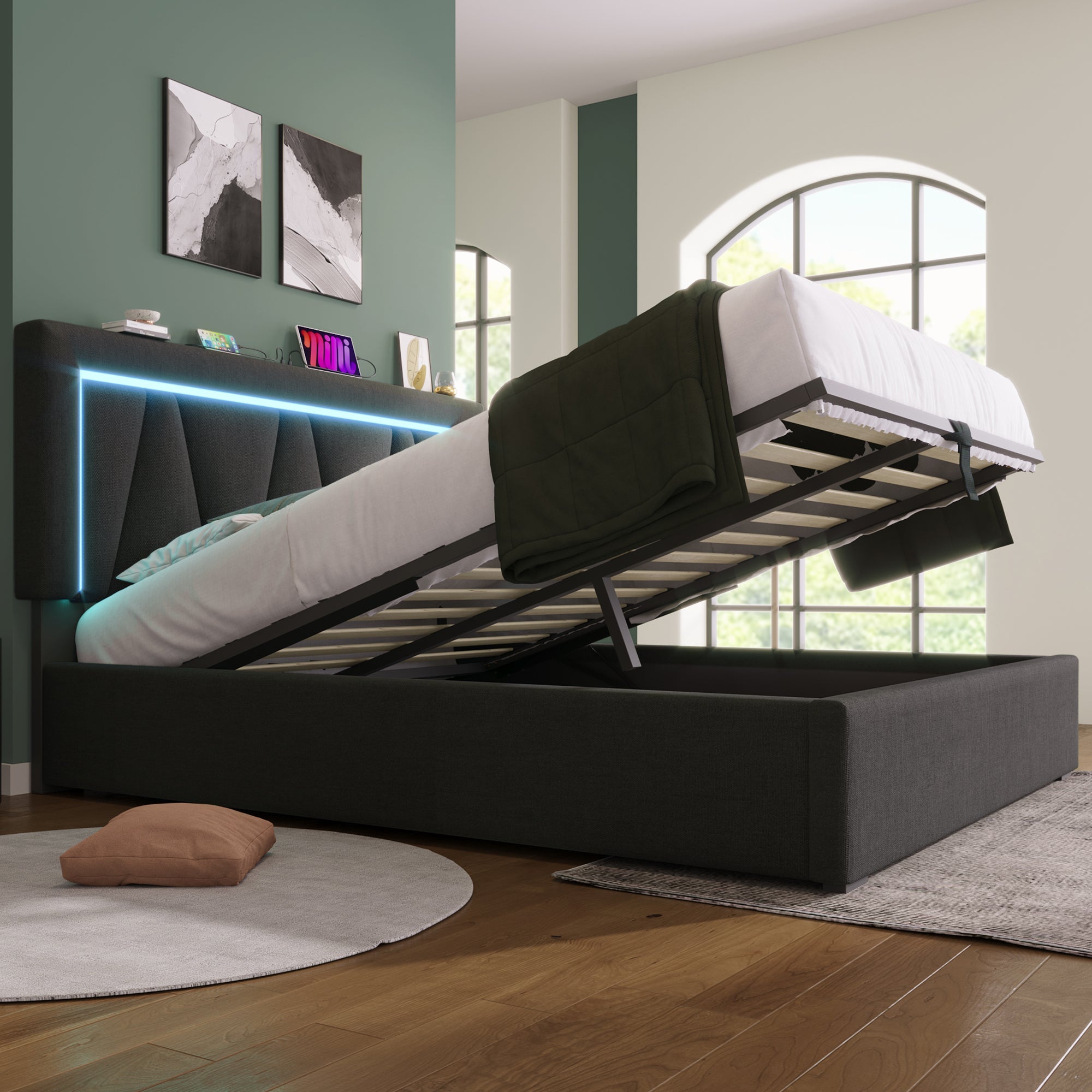 Logidon gestoffeerd bed LED tweepersoonsbed 160x200 grijs USB-C oplaadfunctie