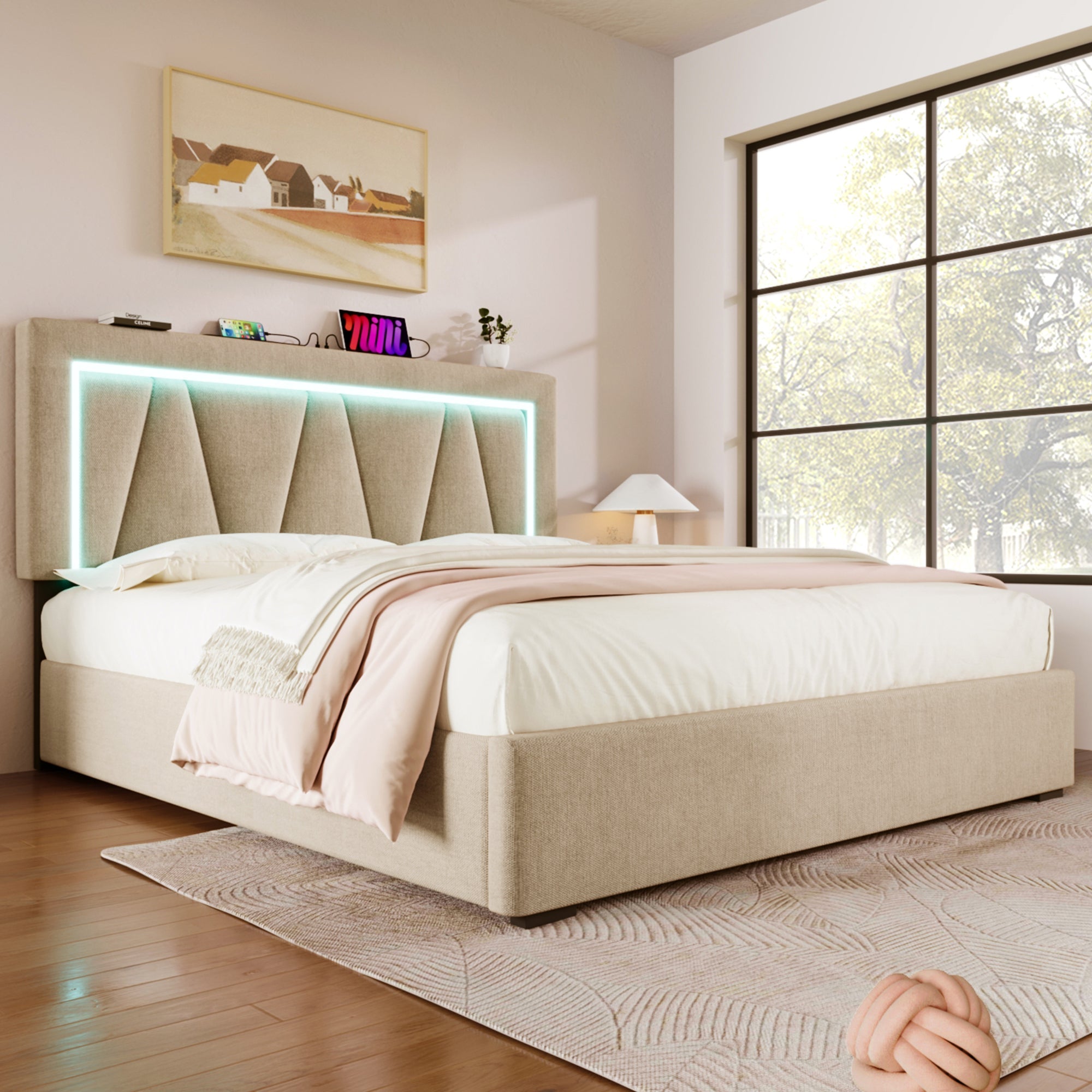 Logidon LED bed 160x200 beige linnen opbergruimte met USB C oplaadfunctie