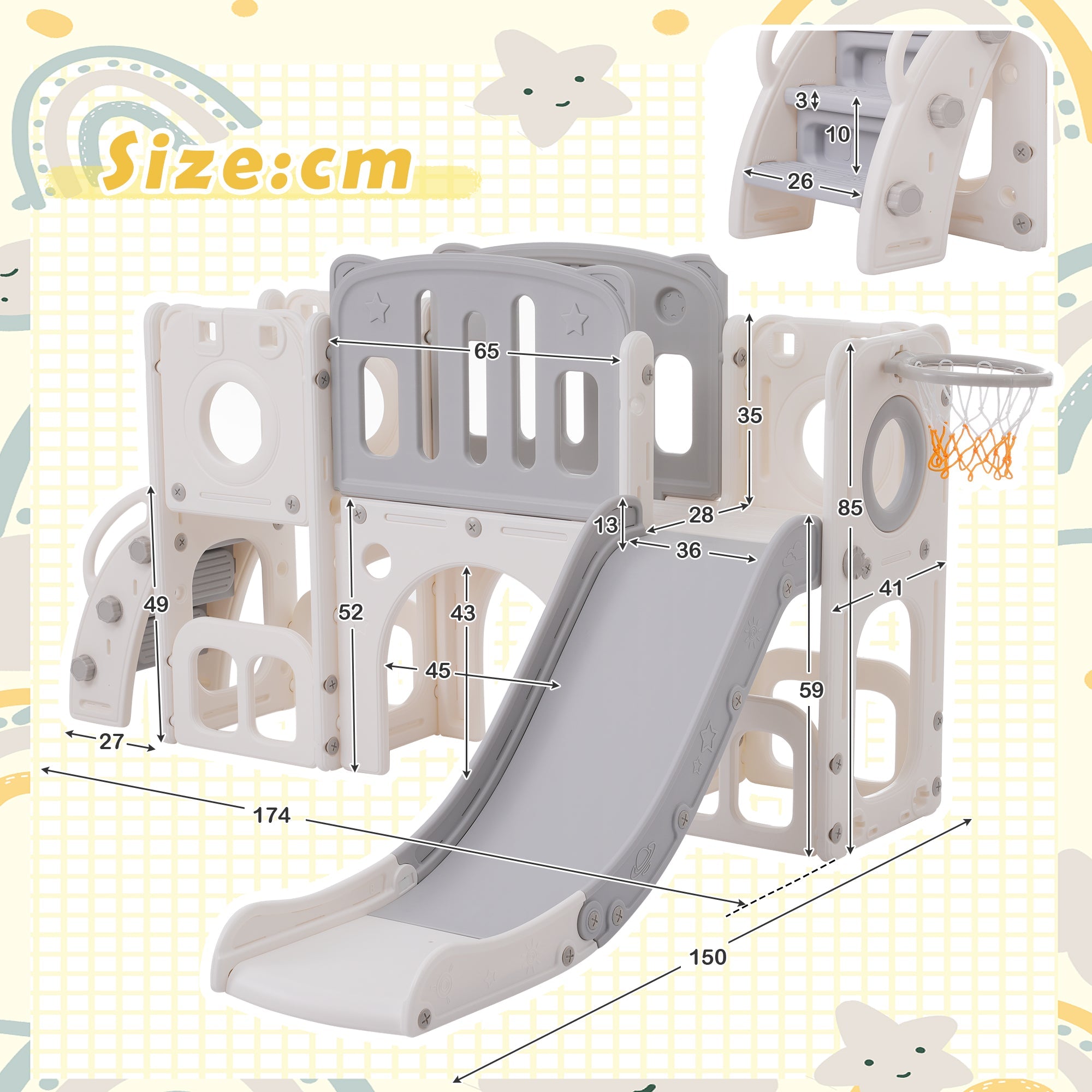 Logidon 6 in 1 Speelset Kinderglijbaan met basketbalplatforms Grijs Wit