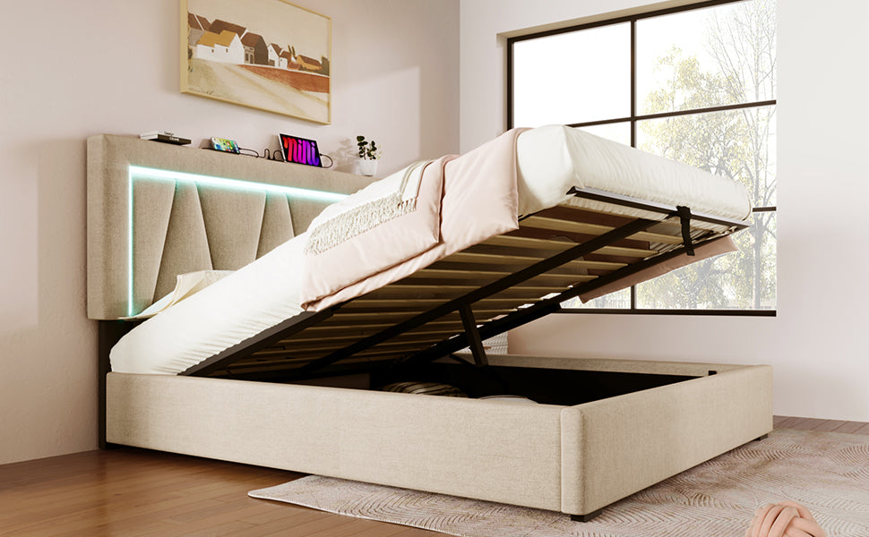 Logidon gestoffeerd bed 140x200 beige met LED-verlichting en USB Type C