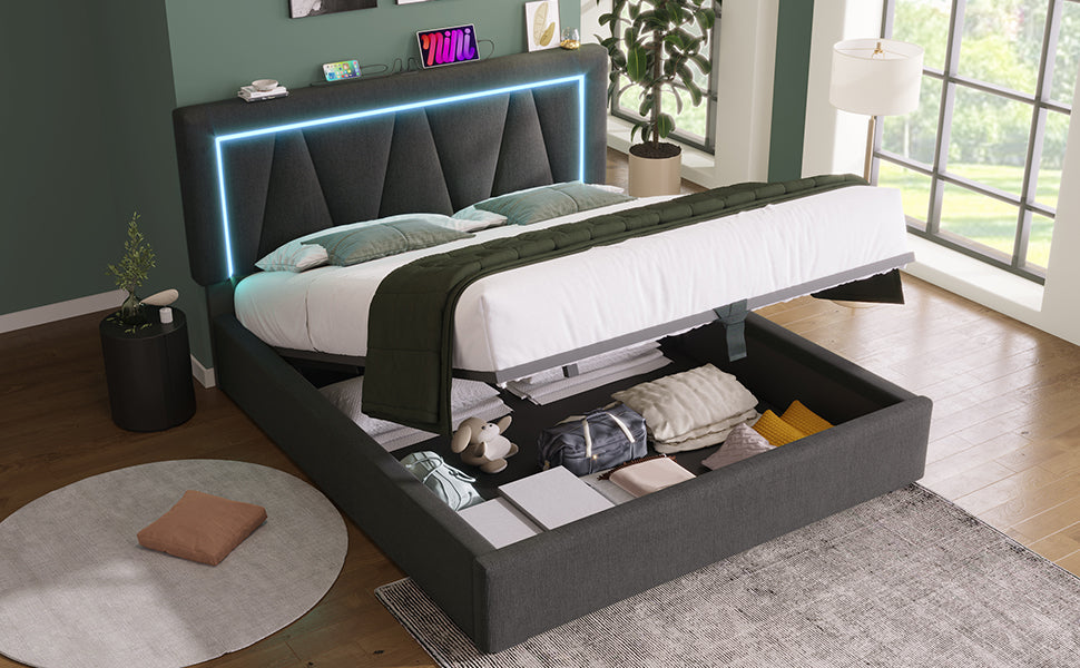 Logidon gestoffeerd bed LED tweepersoonsbed 160x200 grijs USB-C oplaadfunctie