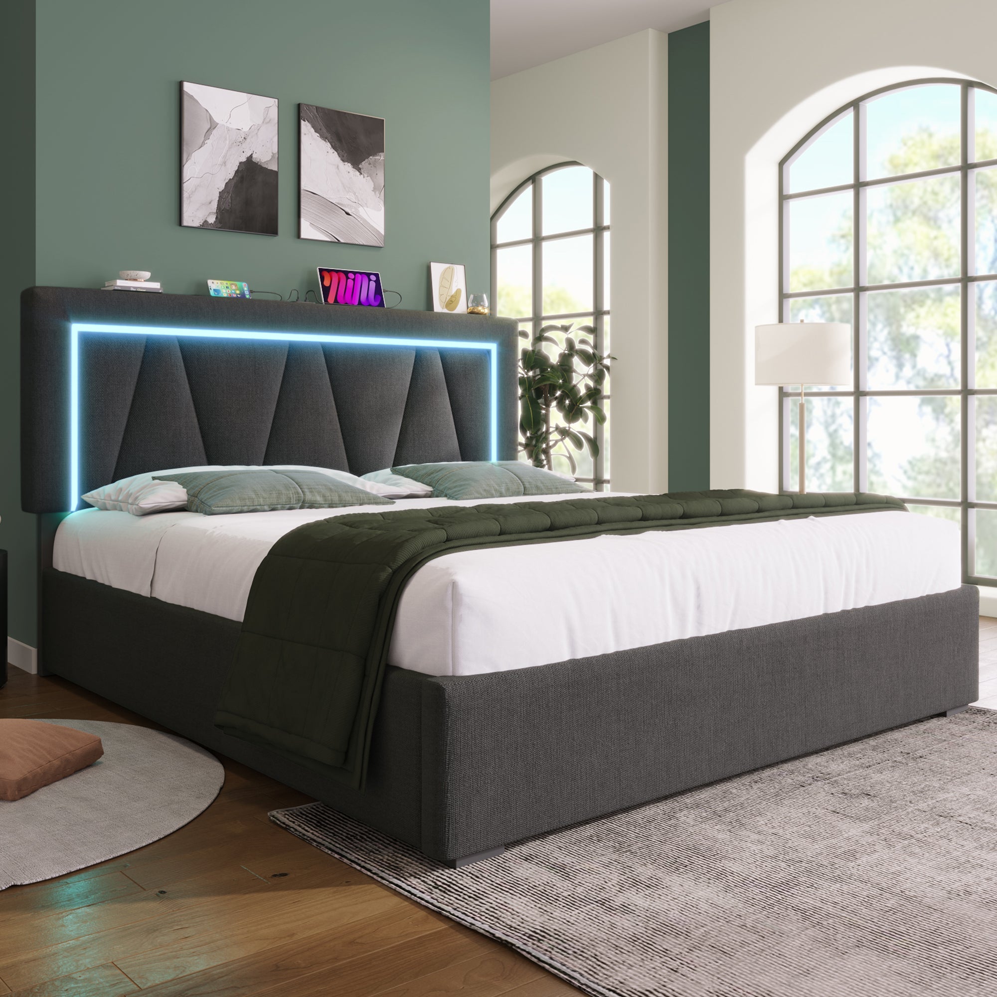 Logidon gestoffeerd bed LED tweepersoonsbed 160x200 grijs USB-C oplaadfunctie