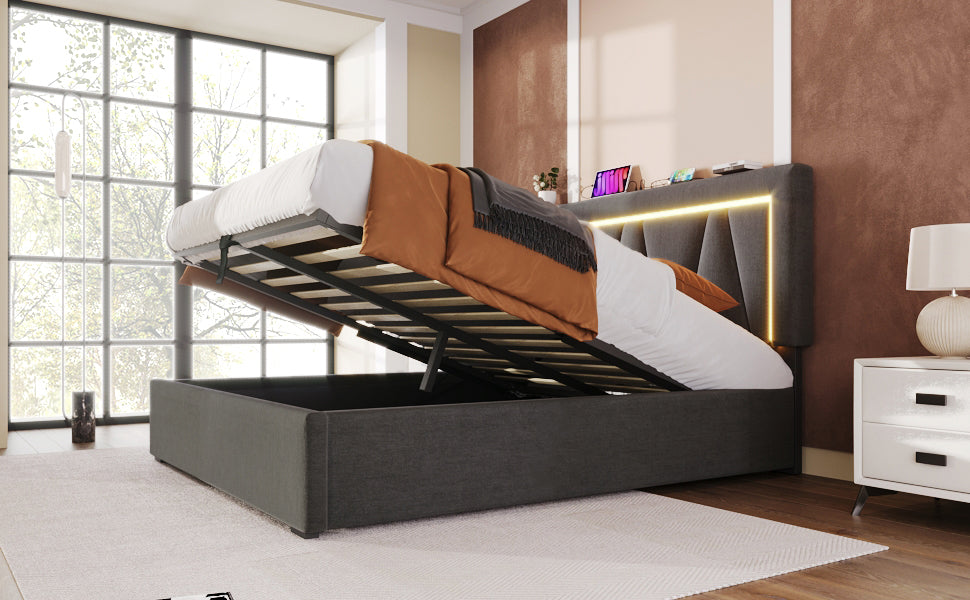 Logidon gestoffeerd bed LED tweepersoonsbed 160x200 grijs USB-C oplaadfunctie