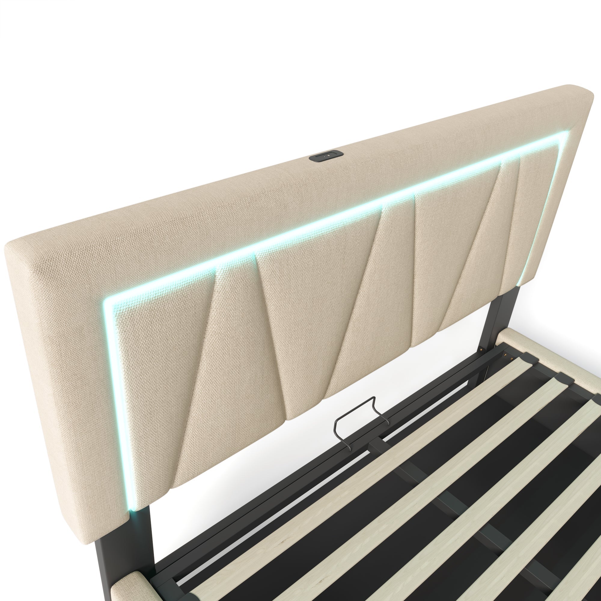 Logidon LED bed 160x200 beige linnen opbergruimte met USB C oplaadfunctie