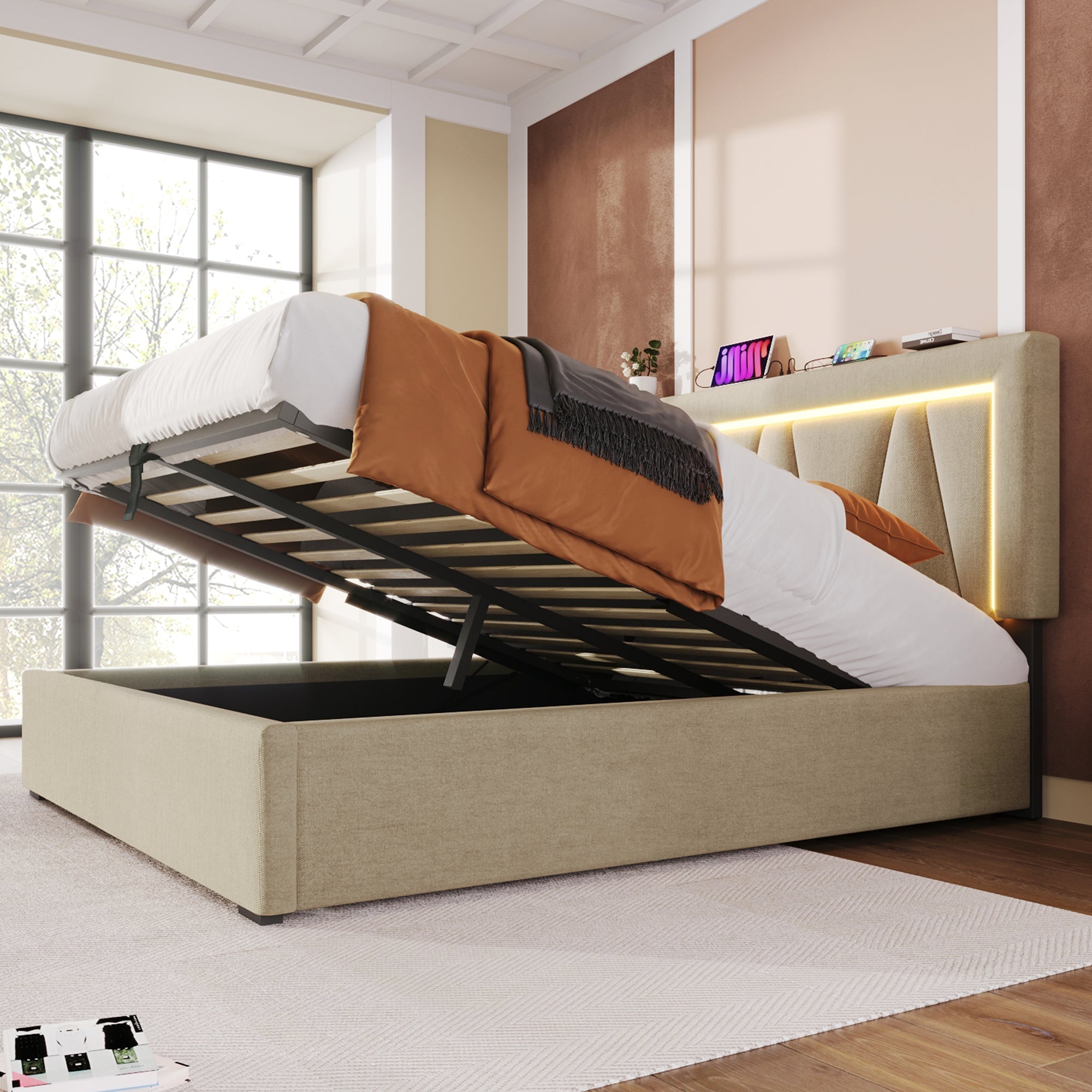 Logidon gestoffeerd bed 140x200 beige met LED-verlichting en USB Type C