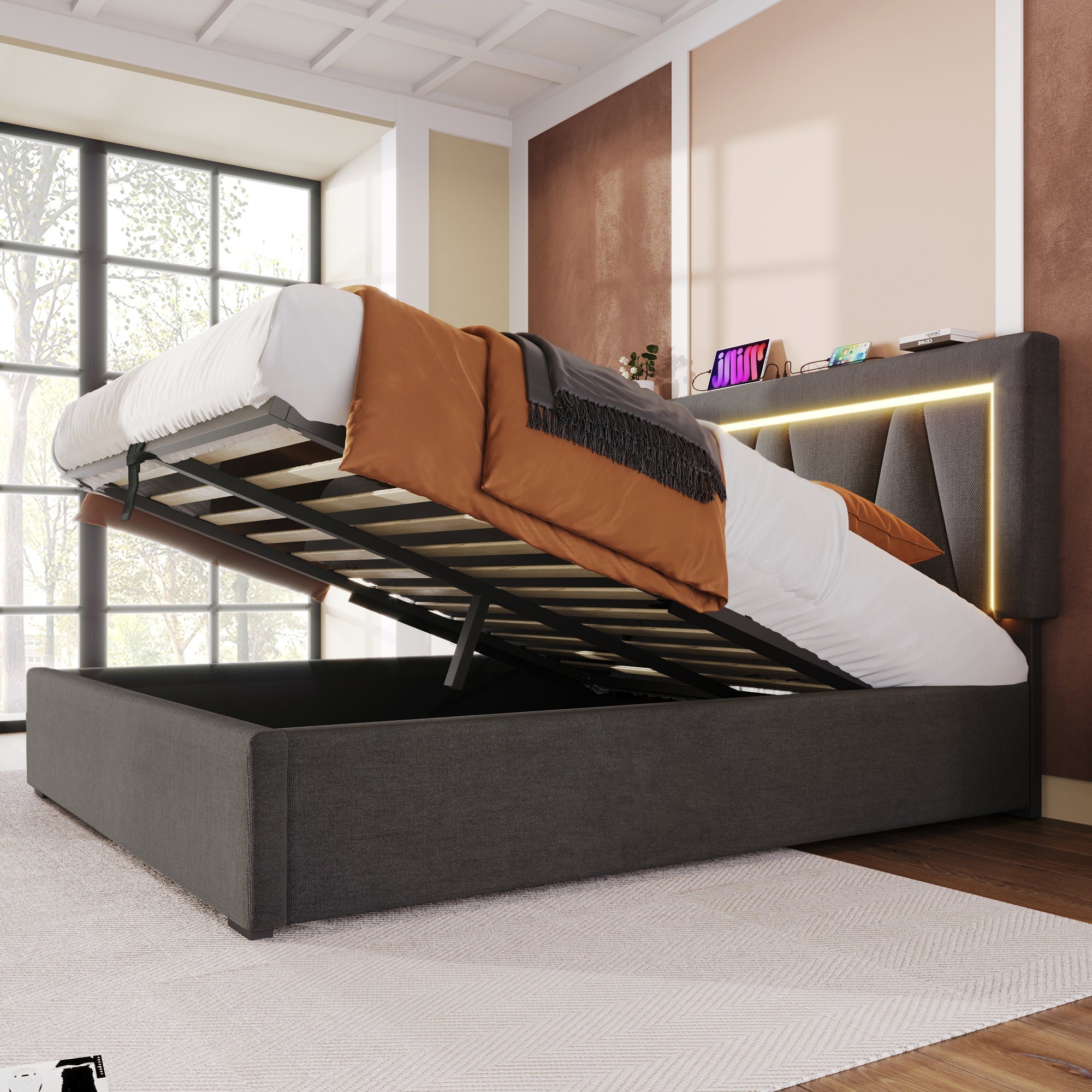 Logidon gestoffeerd bed LED tweepersoonsbed 160x200 grijs USB-C oplaadfunctie