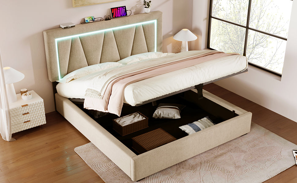Logidon LED bed 160x200 beige linnen opbergruimte met USB C oplaadfunctie
