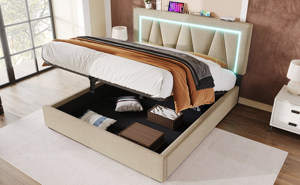Logidon gestoffeerd bed LED-verlichting USB type C 140x200 beige
