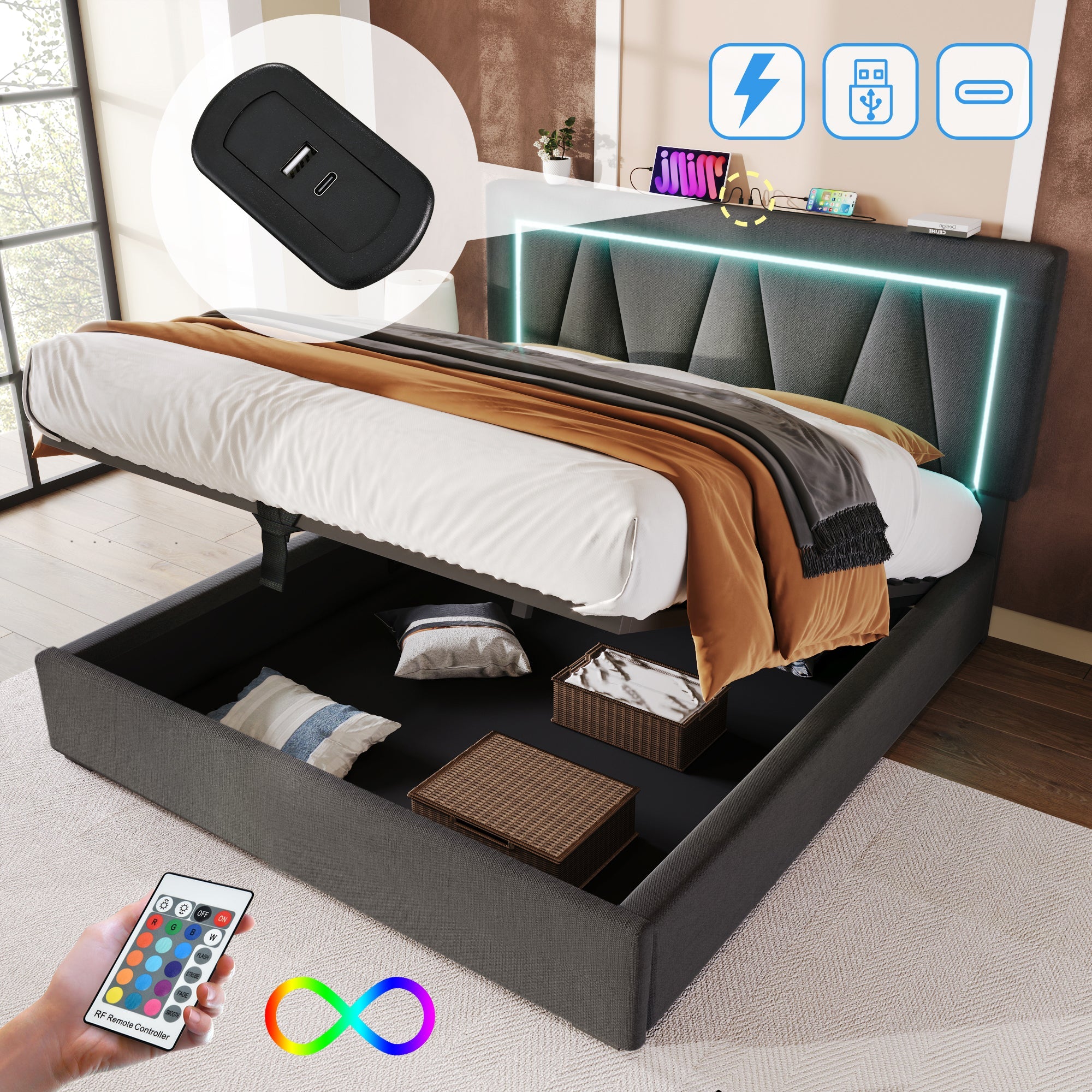 Logidon gestoffeerd bed 160x200 LED-verlichting USB C oplaadfunctie