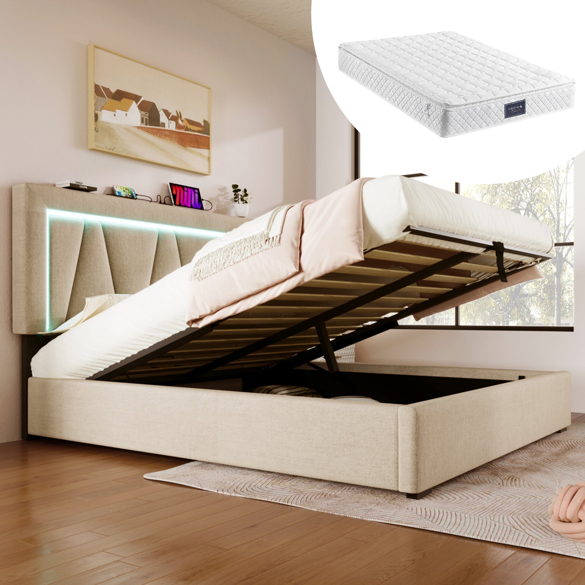 Logidon LED bed 160x200 beige linnen opbergruimte met USB C oplaadfunctie