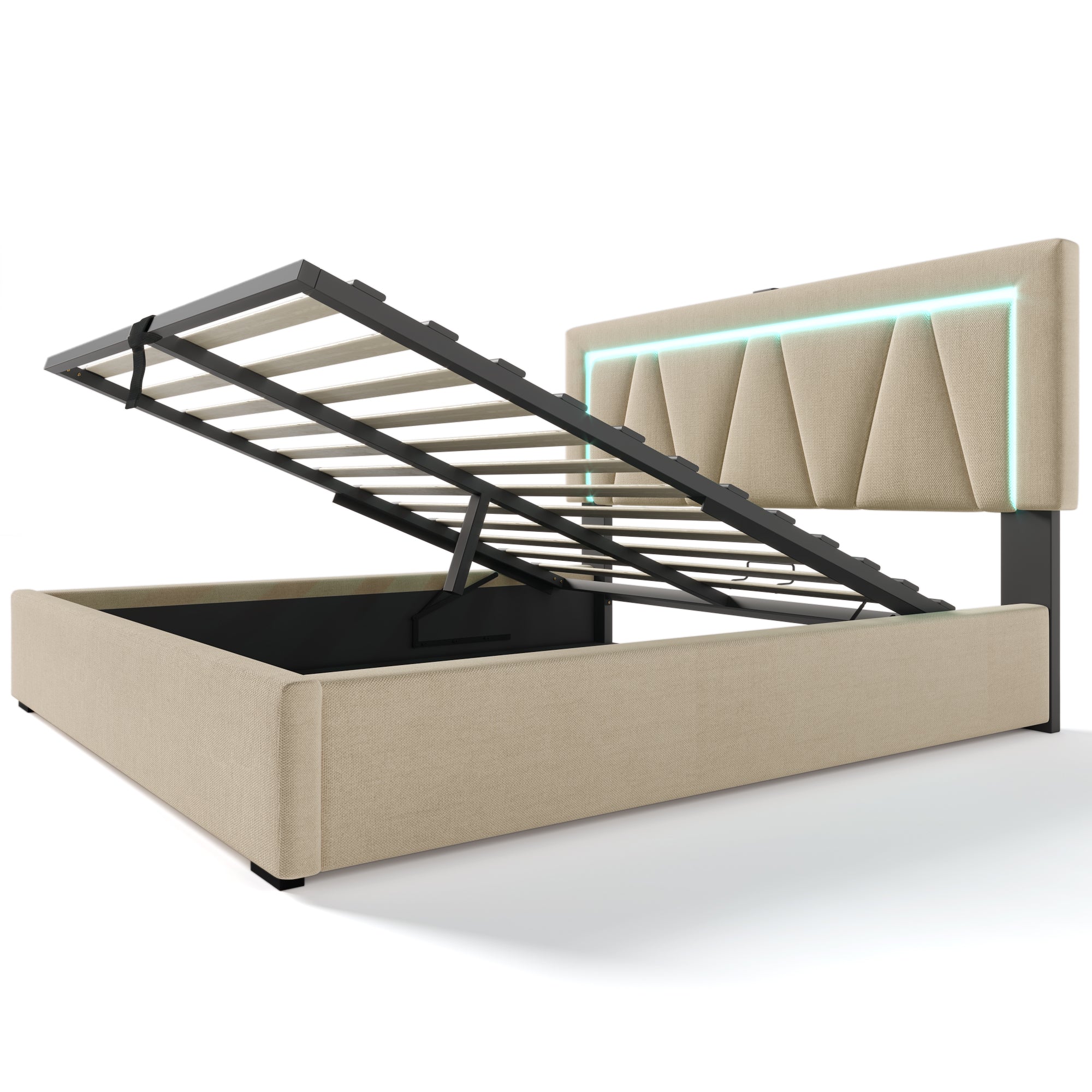 Logidon LED bed 160x200 beige linnen opbergruimte met USB C oplaadfunctie