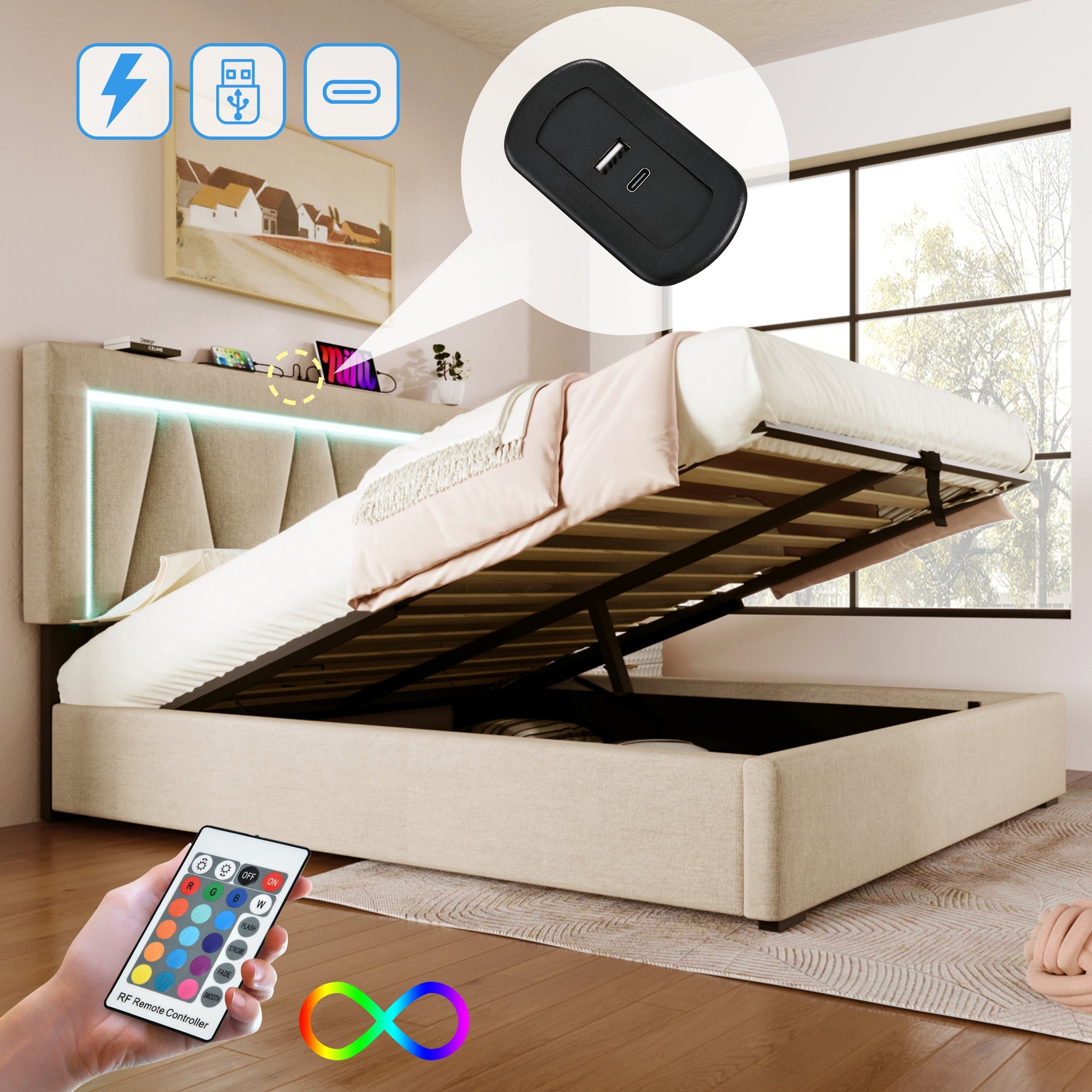 Logidon gestoffeerd bed LED-verlichting USB type C 140x200 beige