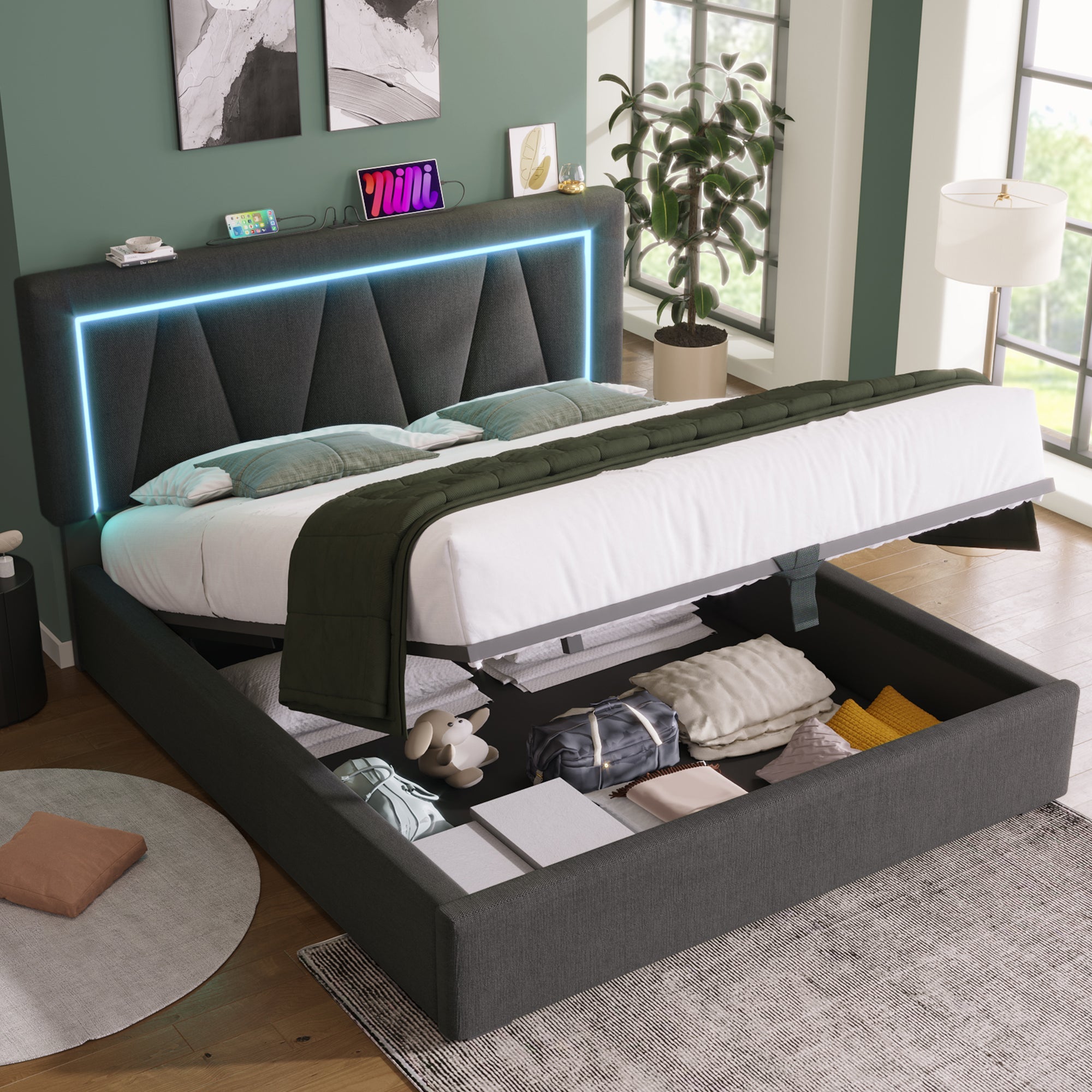 Logidon gestoffeerd bed LED tweepersoonsbed 160x200 grijs USB-C oplaadfunctie