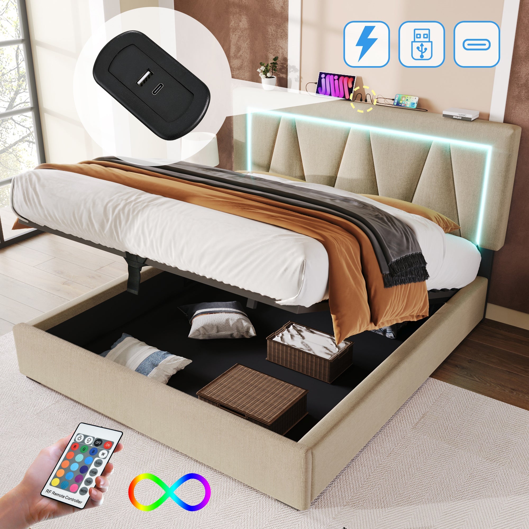 Logidon gestoffeerd bed 140x200 beige met LED-verlichting en USB Type C