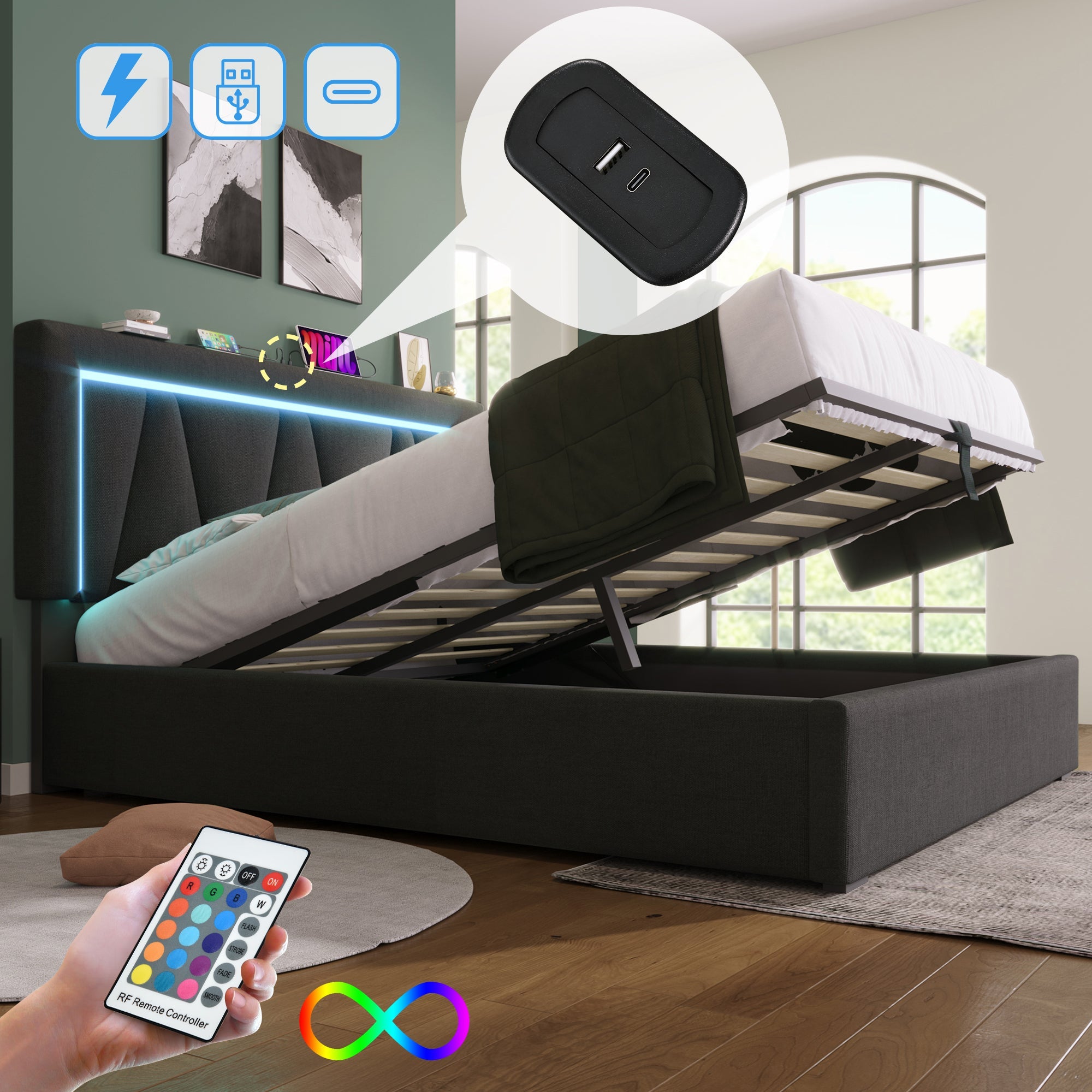 Logidon gestoffeerd bed 160x200 LED-verlichting USB C oplaadfunctie